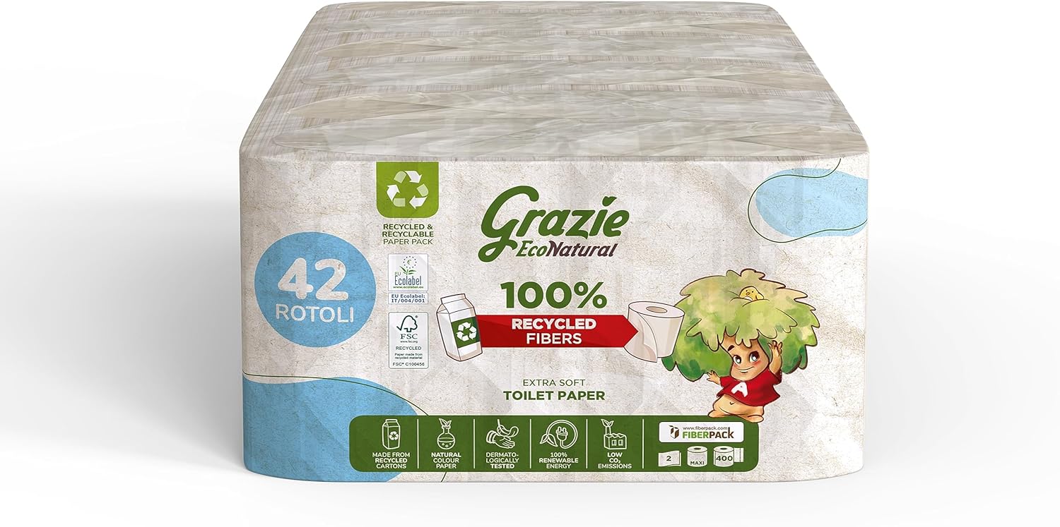 24 Rotoli Carta Asciugatutto Grazie Natural - 100% Riciclata, Ecolabel, FSC, Fiberpack, Made In Italy, Ultra Assorbente - Foto 2