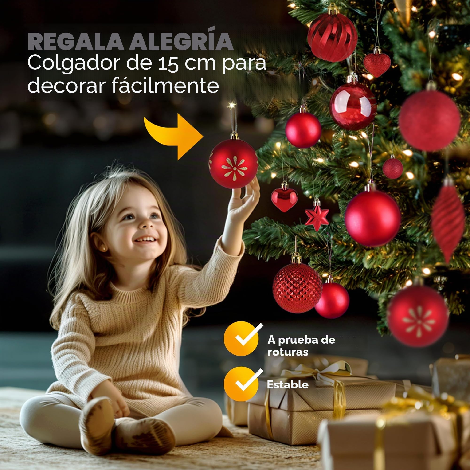 DEUBA® Bolas Adornos para Árbol de Navidad Set Completo 103Pzs. Decoración Navideña Colgante Rojo