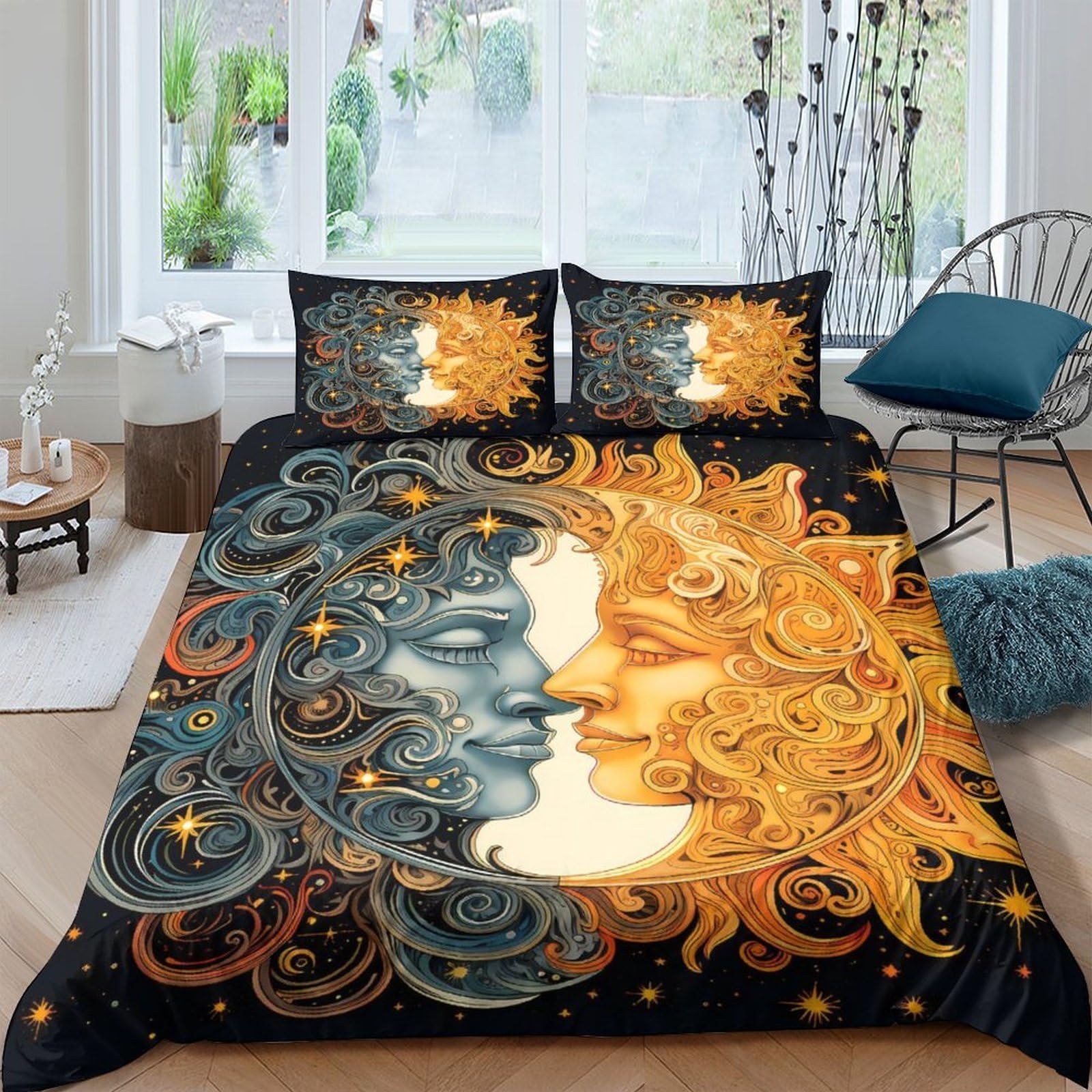 Ctjqhvkz Style-2 3D Printed Sun And Moon Fitted Sheet Microfiber Soft Breathable Celestial Face Bed Cover For Bedroom Dorm Mattress Decor Single（135X200cm）