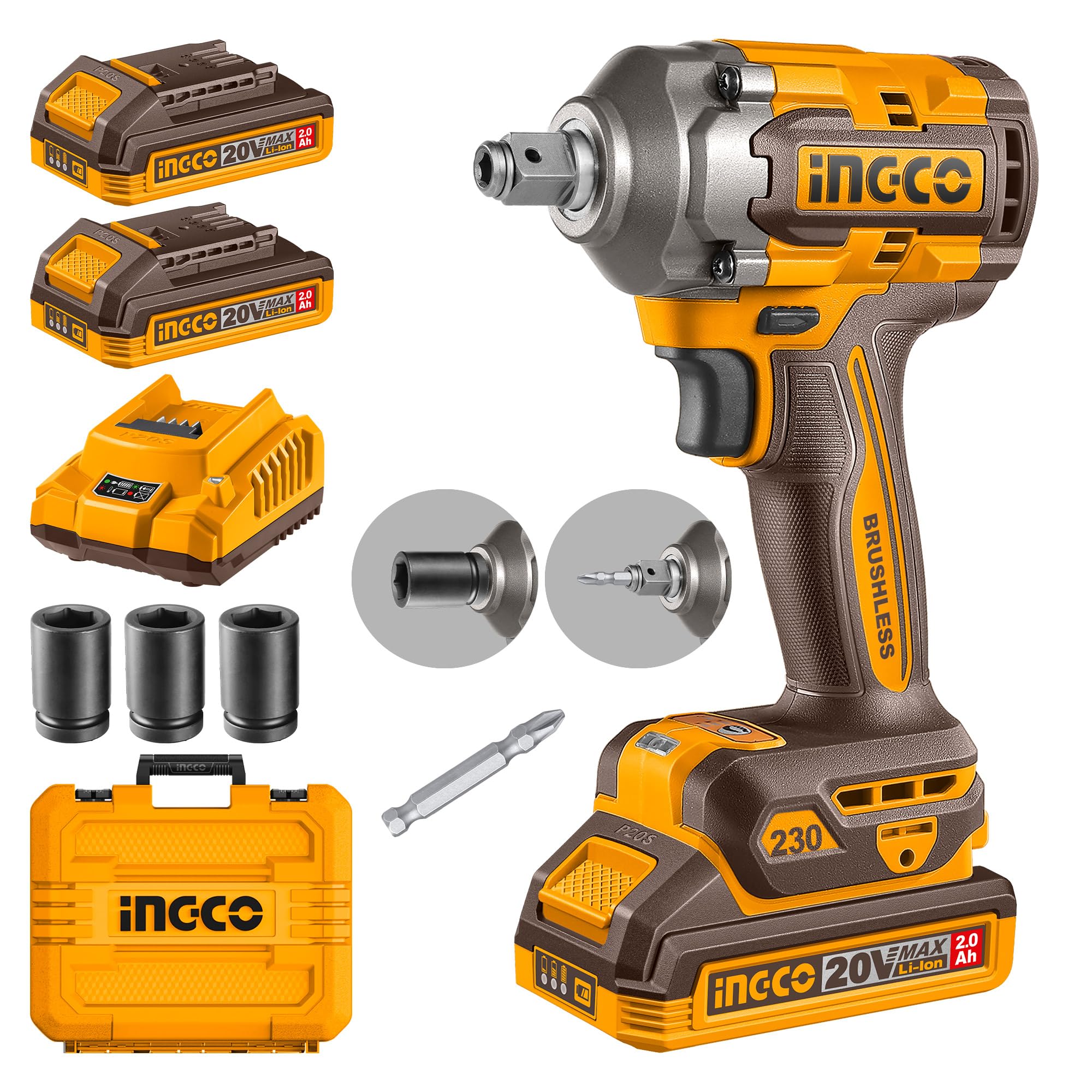 2IN1 Impact Driver & Impact Wrench 20V, Brushless Motor, 230NM, 3 Variable Speed, LED Work Light with 2Pcs 2.0Ah Battery and 1Pcs Charger CIWLI20236