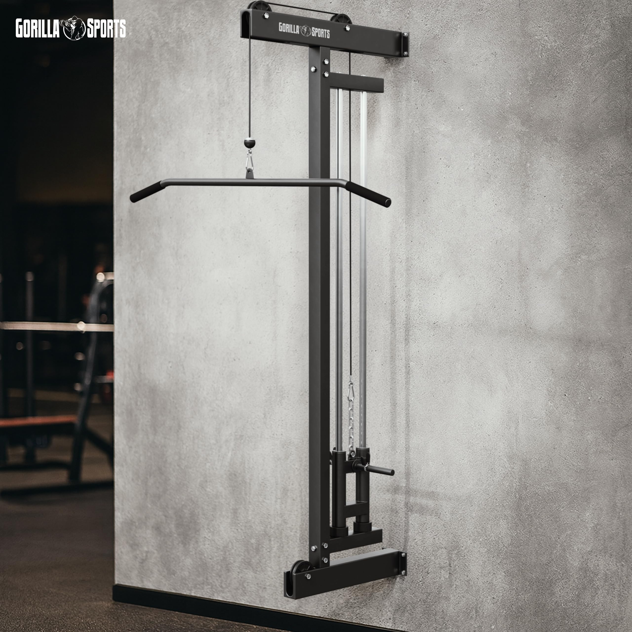 Gorilla Sports® Stazione LAT Machine - Montaggio a Parete, Carico Massimo 300 kg, incl. Lat Pull Bar e 2 Chiusure a Molla - Pulldown Cavo, Macchina per Cavi, Cable Tower, Allenamento, Palestra