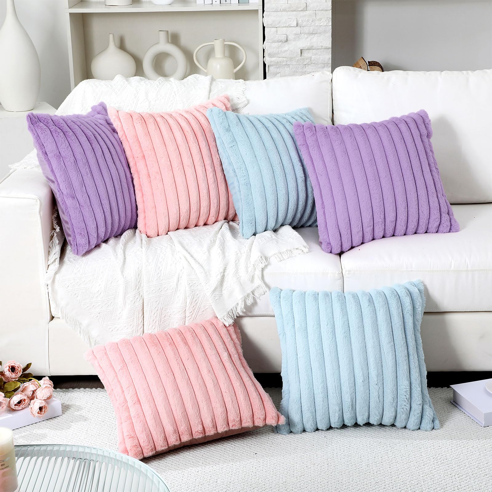 Mixweer 6 federe per cuscini in finta pelliccia, 45 x 45 cm, decorative a righe, morbide, per dormire, feste, divano, camera da letto, soggiorno (rosa, viola, blu)
