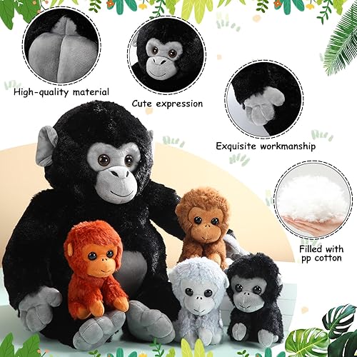 Miniatura 4 de Juego de 5 animales de peluche de gorila de peluche de 14 pulgadas, tamaño grande, mamá gorila con 4 gorilas de bebé con cremallera, peluches de
