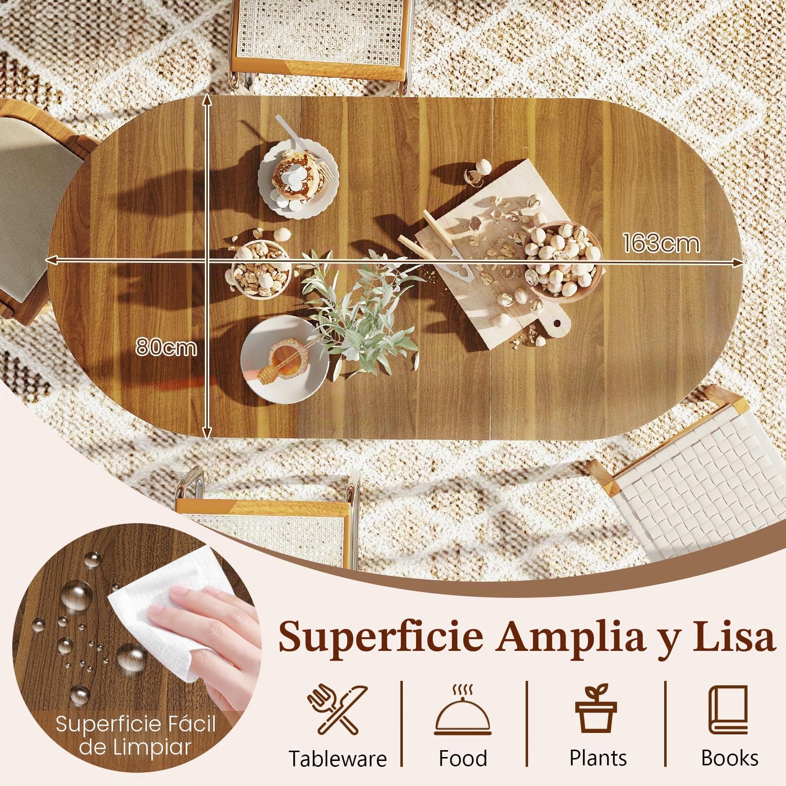 GIANTEX Mesa de Comedor Plegable de Madera para 4-7 Personas, 163 x 80 x 75 cm, Mesa Ovalada Multifuncional con Tablero Extensible, para Comedor, Salón, Dormitorio (Marrón)