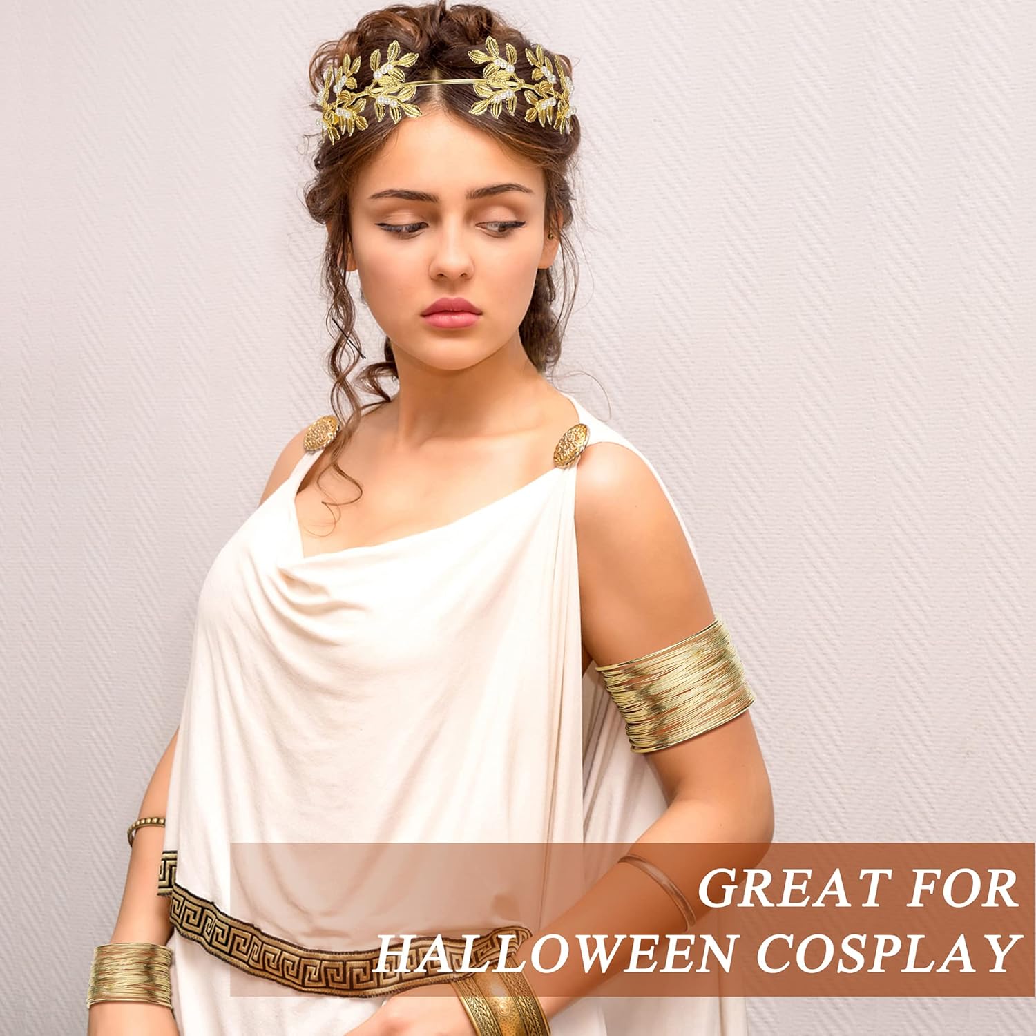 HAIAISO 14 Pcs Greek Goddess Costume Accessories Set Laurel Leaves Crown Upper Arm Coil Bracelet Hair Headpiece Artificial Pearl Earrings Necklace Toga Waist Belt for Women Party Bridal Wedding - Image 5