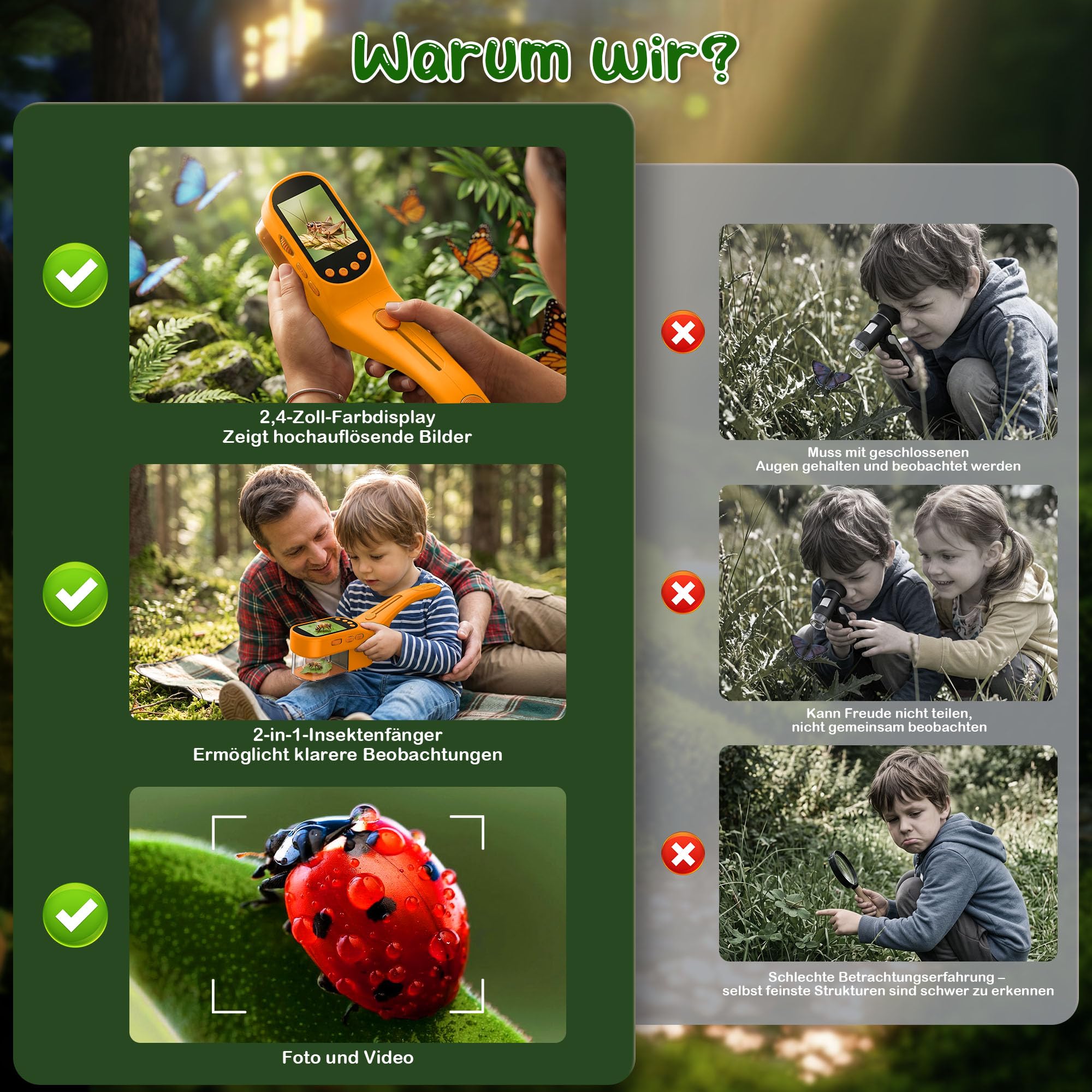 CIMELR Insektenfänger 2,4-Zoll HD-Mikroskop Naturspielzeug für Kinder | Insektenfänger mit 1000mAh Akku, 8 LEDs, 1080P Kamera, PC-Übertragung, STEM-Set für Kinder 3-12