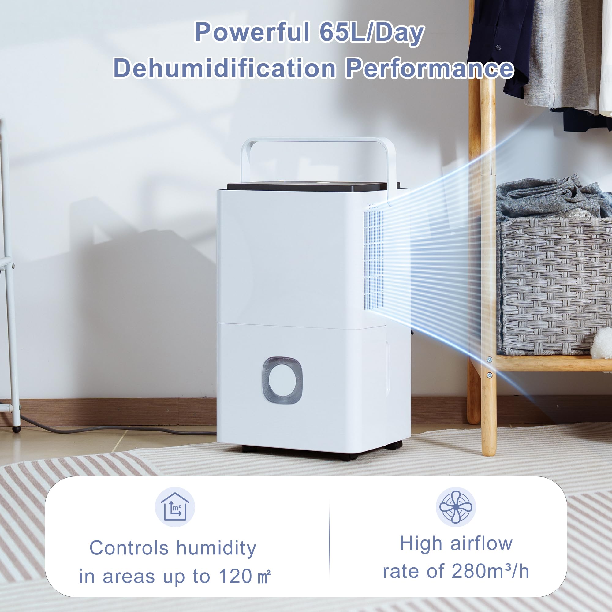 Katenpo Deumidificatore Professionale Grandi Ambienti: 65L/24h Deumidificatori Portatili Smart Timer Serbatoio 4.5L Scarico Continuo Silenzioso per Casa/Camera da Letto/Bagno/Cantina/Garage