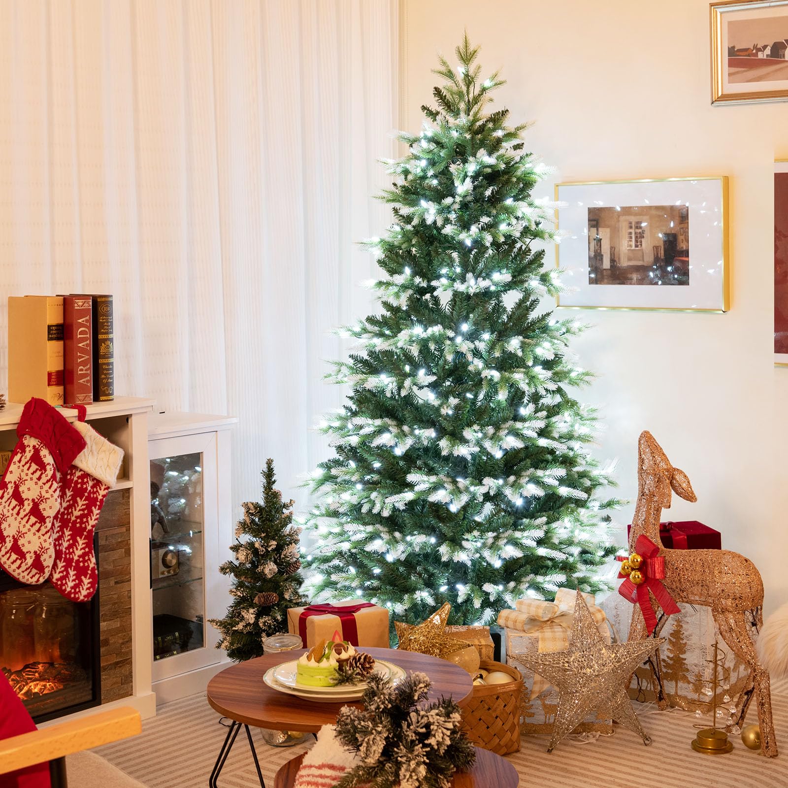 Sapin de Noël LED Enneigé 180cm Demi-Forme COSTWAY-180 Lumières Blanc Chaud/Multicolores-9 Modes-Télécommande Minuterie-2 Gants - Maison Sapin de Noël LED Enneigé 180cm Demi-Forme COSTWAY-180 Lumières Blanc Chaud/Multicolores-9 Modes-Télécommande Minuterie-2 Gants - Maison
