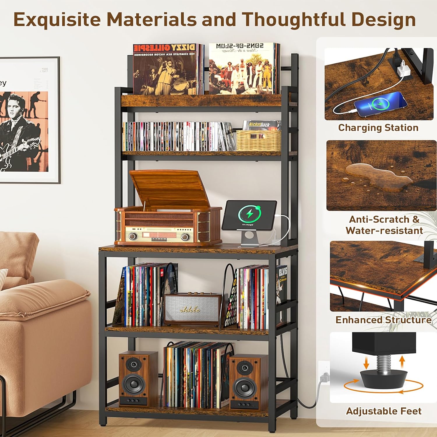 Large Record Player Stand with Vinyl Storage Shelf, 5-Tier Record Player Table Holds Up 500+ Albums, Turntable Stand with Charging Station & CD/DVD Rack, Vinyl Record Storage for Living Room, Bedroom