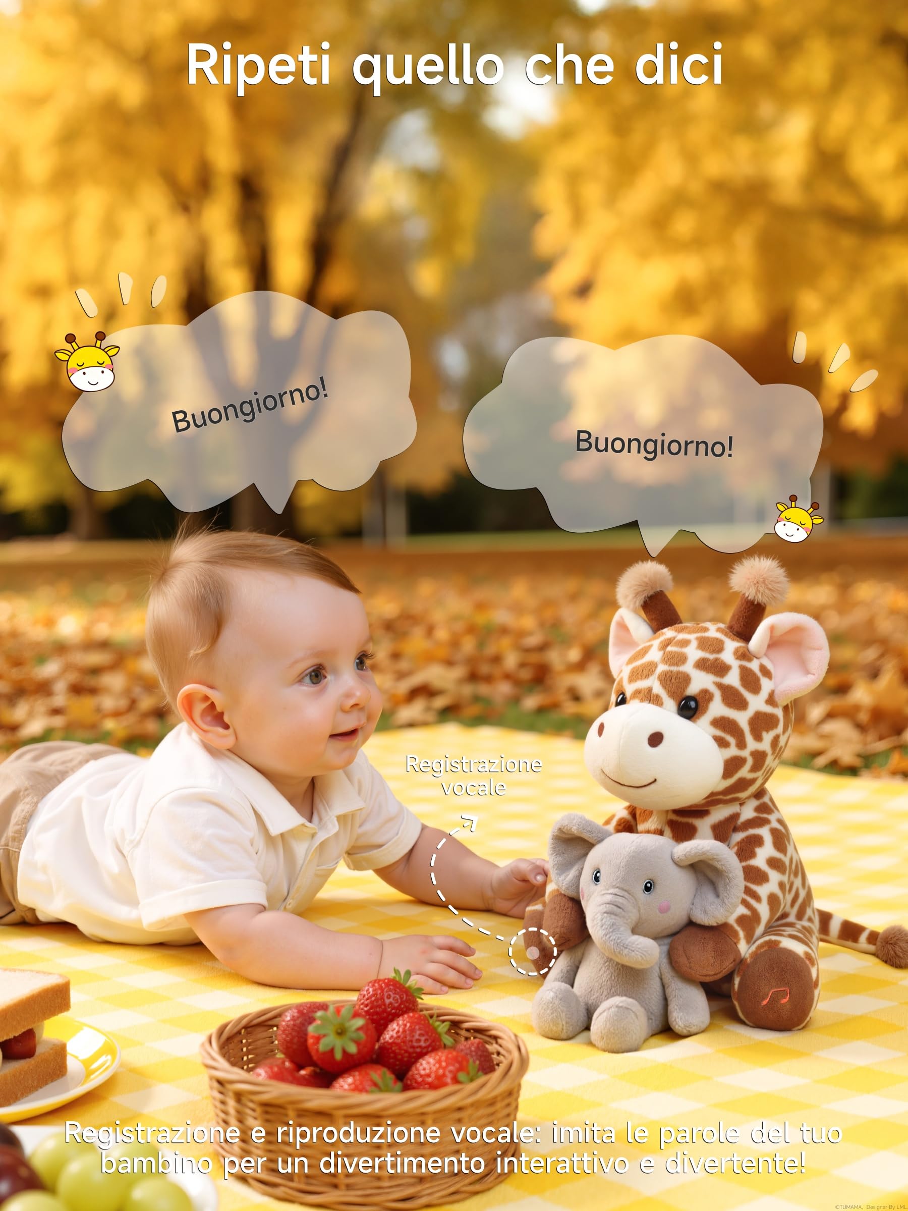 TUMAMA KIDS Giocattoli Interattivi di Peluche per Bambini Giraffa ed Elefante che Parlano e Cantano, Giocattolo che Ripete ciò che dici, Giocattolo Musicale Elettronico Interattivo per Bambini Regalo