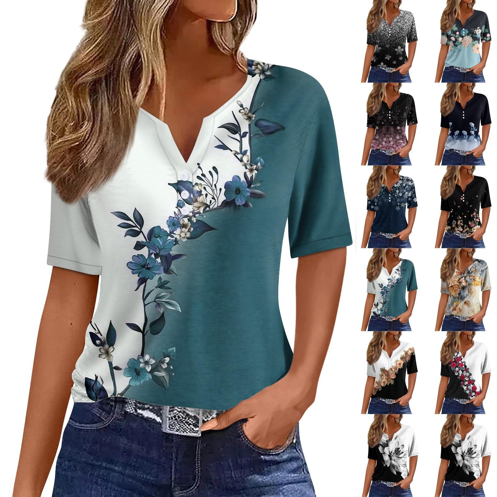 T-shirt Femme Manches 3/4 Imprimé Floral - Col Rond, Coupe Ample Et Confortable - Parfait Pour L'été Et Le Quotidien