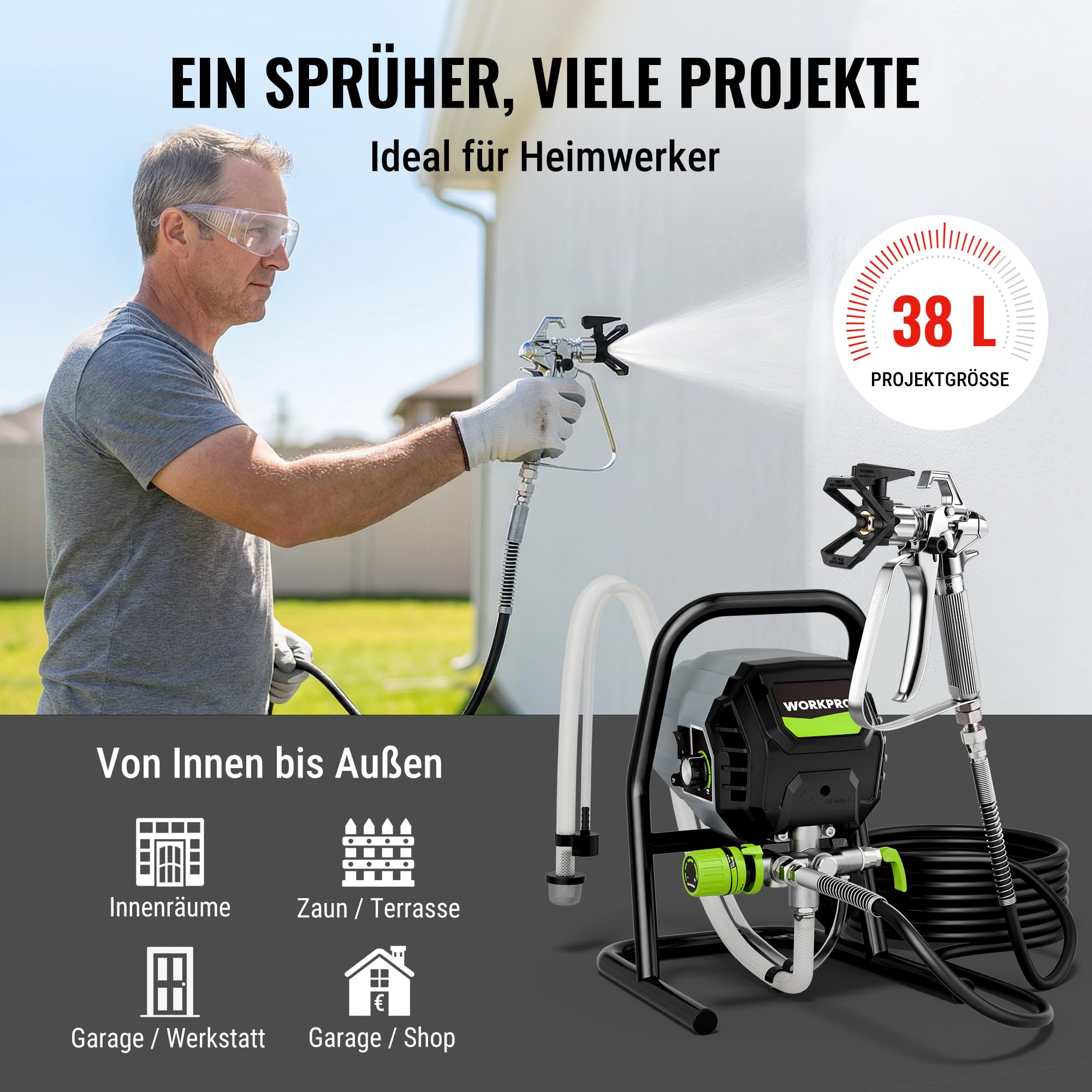 WORKPRO 700 W Airless Farbsprühsystem, Airless Farbsprühgerät mit 3 Verstellbaren Druckstufen, Ideal für Innen- und Außenräume, Fördermenge 1,2 l/min, Max. Druck 200 Bar