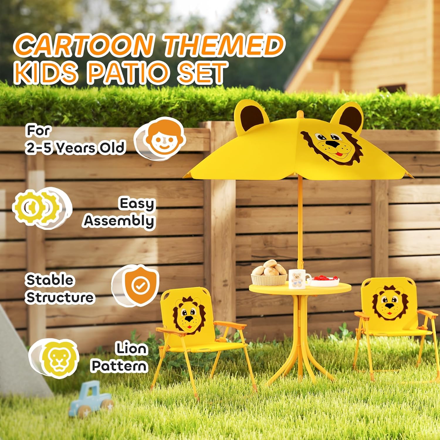 Qaba Kids Picnic Table and Chair Set, Outdoor Activity Table with Foldable Chairs, Removable Umbrella, Lion Pattern Toddler Patio Furniture for Backyard, Garden, Yellow