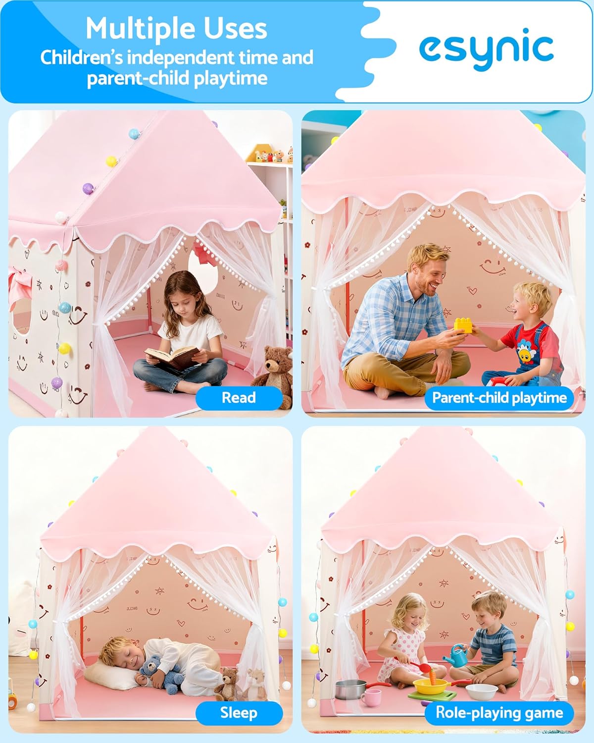 eSynic Washable Kids Playhouse Tent-Children's Fort with Fairy Lights & Double Windows for Indoor/Outdoor- 40"*48"*51" Size-10-Minute Easy to Setup Metal Frame Play Tent for 1-3 Kids-Age Up to 12