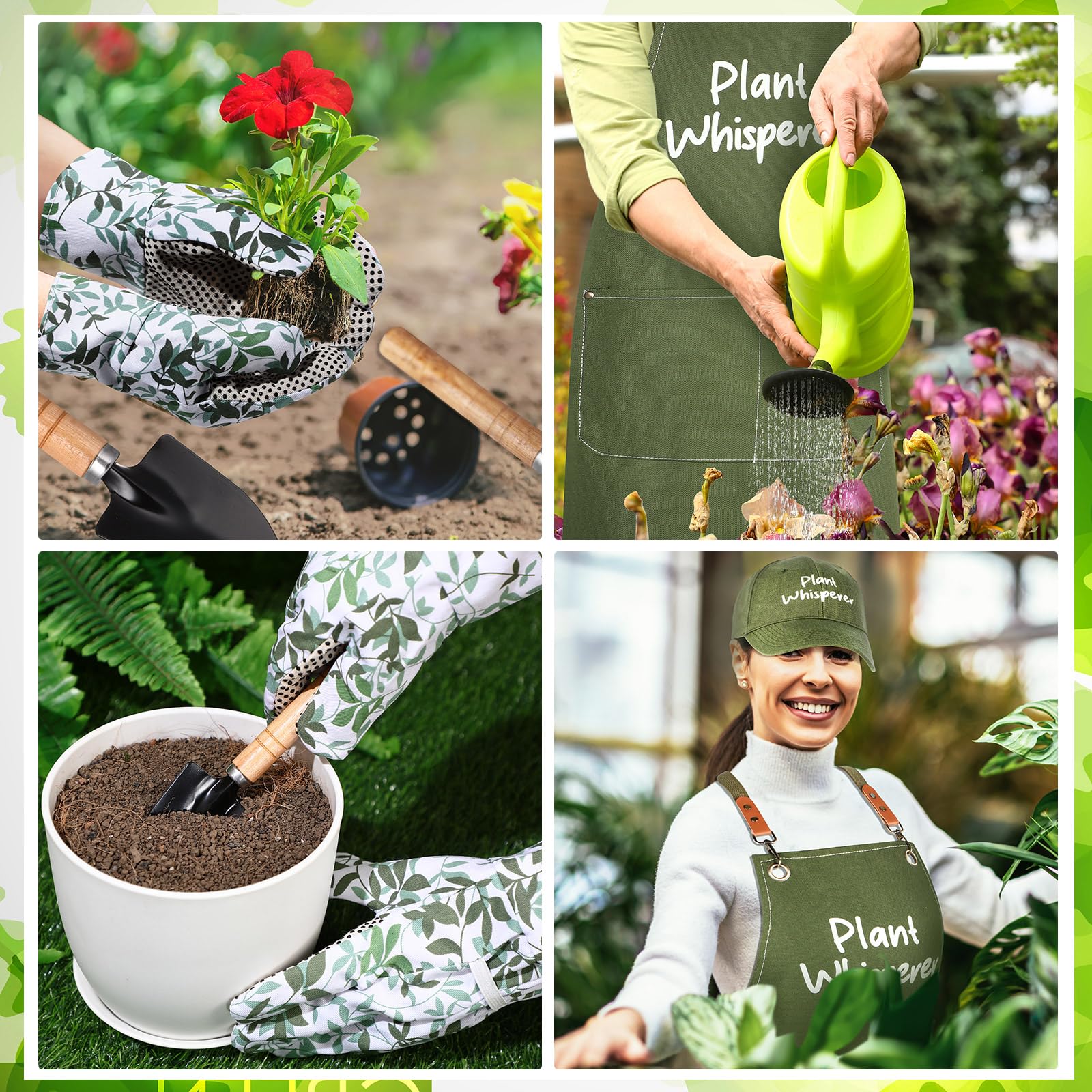 Tarpop Juego de herramientas de jardín verde, regalos de jardinería para mujeres, kit de herramientas de plantación de hortalizas de 7 piezas con tapa, delantal de lona, guantes de hojas verdes,