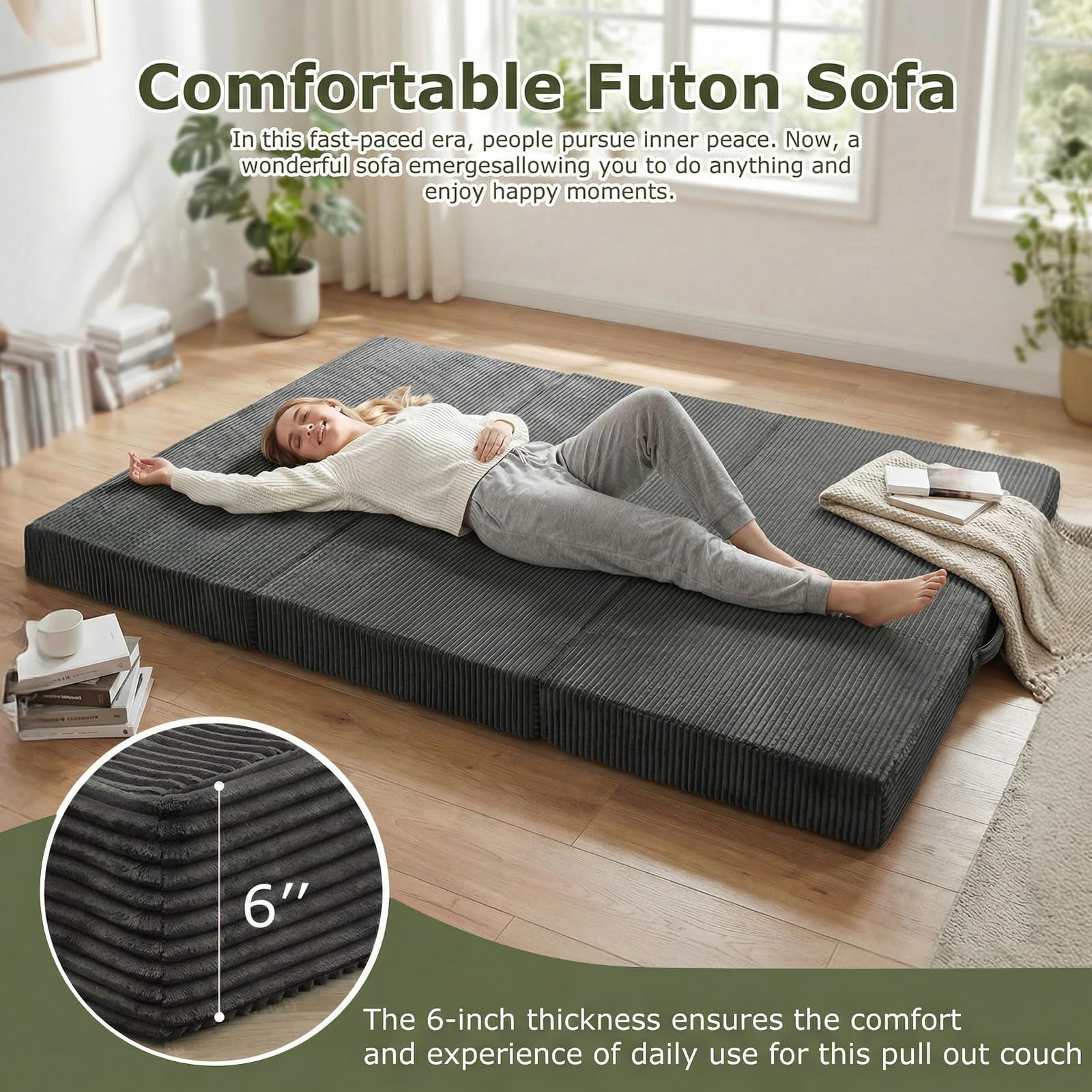 5-in-1 Convertible Sofa Bed, Boneless Loveseat, Tri-fold Futon Sofa Bed with Removable Cushions & Washable Cover, Pull Out Couch with Handle, for Small Spaces, Queen Size, Grey
