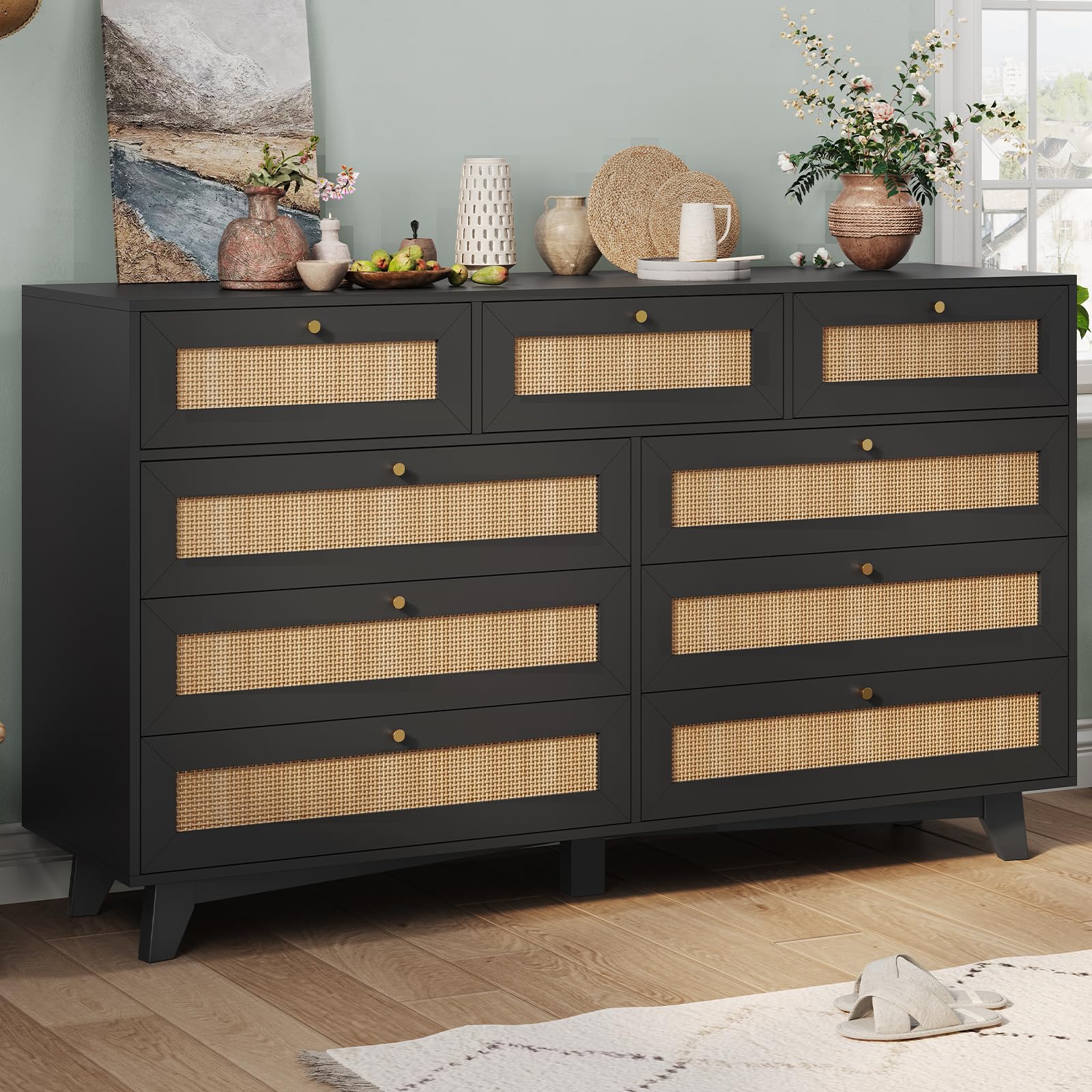 Amazon.com: AOGLLATI Black Rattan Dresser for Bedroom with 9 Drawer, Modern  Double Wooden Long Bedroom Dresser, Chest of Drawers with Metal Handle &  Solid Wood Legs for Bedroom/Living Room, Black : Home