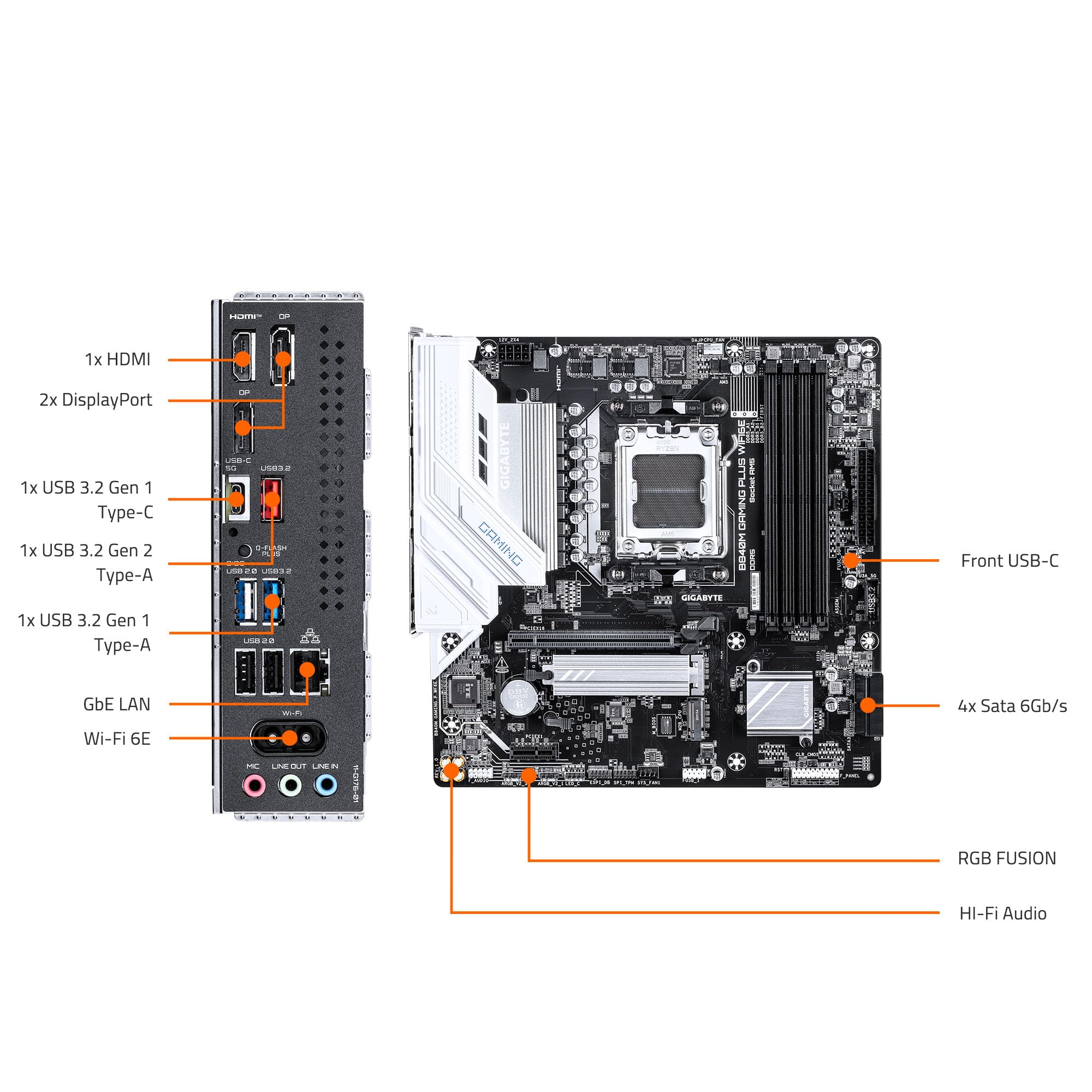 GIGABYTE B840M Gaming Plus WIFI6E Carte mère AMD AM5 mATX, Prise en Charge Ryzen 9000/8000/7000 Series, 8+2+2 Phases de Puissance, DDR5, 2 x M.2, PCIe 4.0, USB-C 3.2 Gen 1, WiFi 6E, GbE LAN