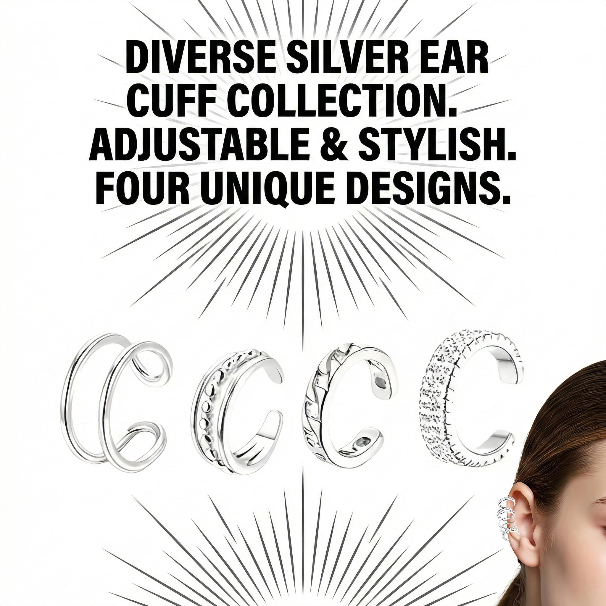 Ear cuff sin perforación para mujer, set de 3 unidades, pendientes falsos plateados, cómodos y ajustables, aptos para orejas sensibles, estilo elegante para uso diario y eventos formales