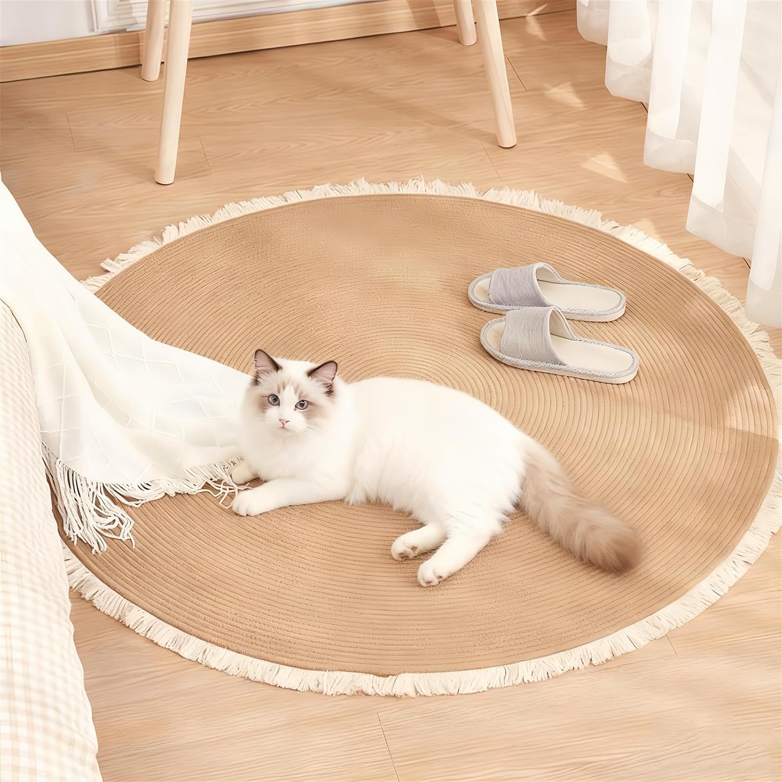 Alfombra de cuerda de algodón, lavable, redonda, reversible, con borlas, para gatos, suave, elegante, para el hogar, solución para rascar