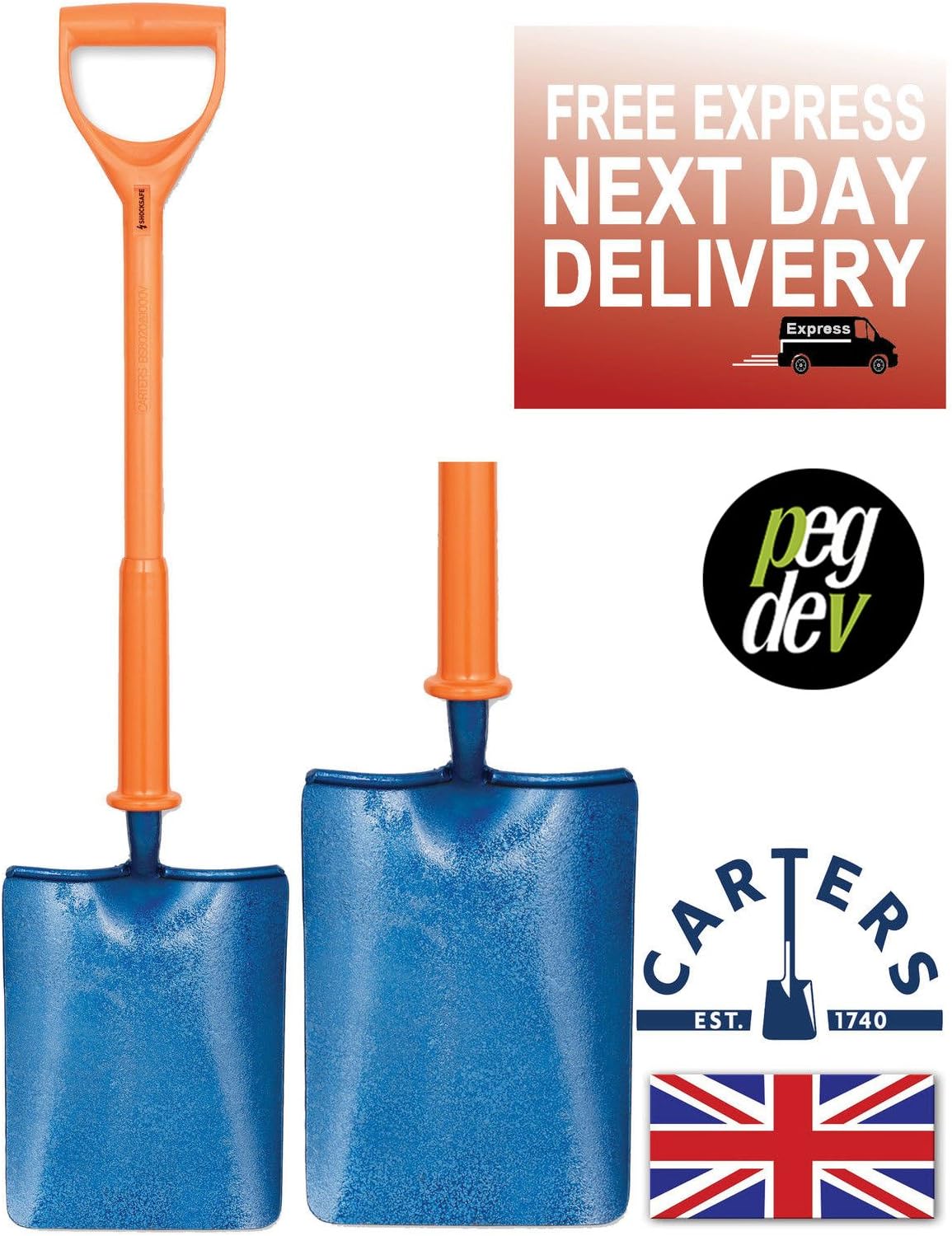 PDL โ Pegdev โ Carters Shocksafe Insulated Contractors Shovel, Spade 28" - Taper Mouth BS8020:2012 for Concrete, Tarmac, and More