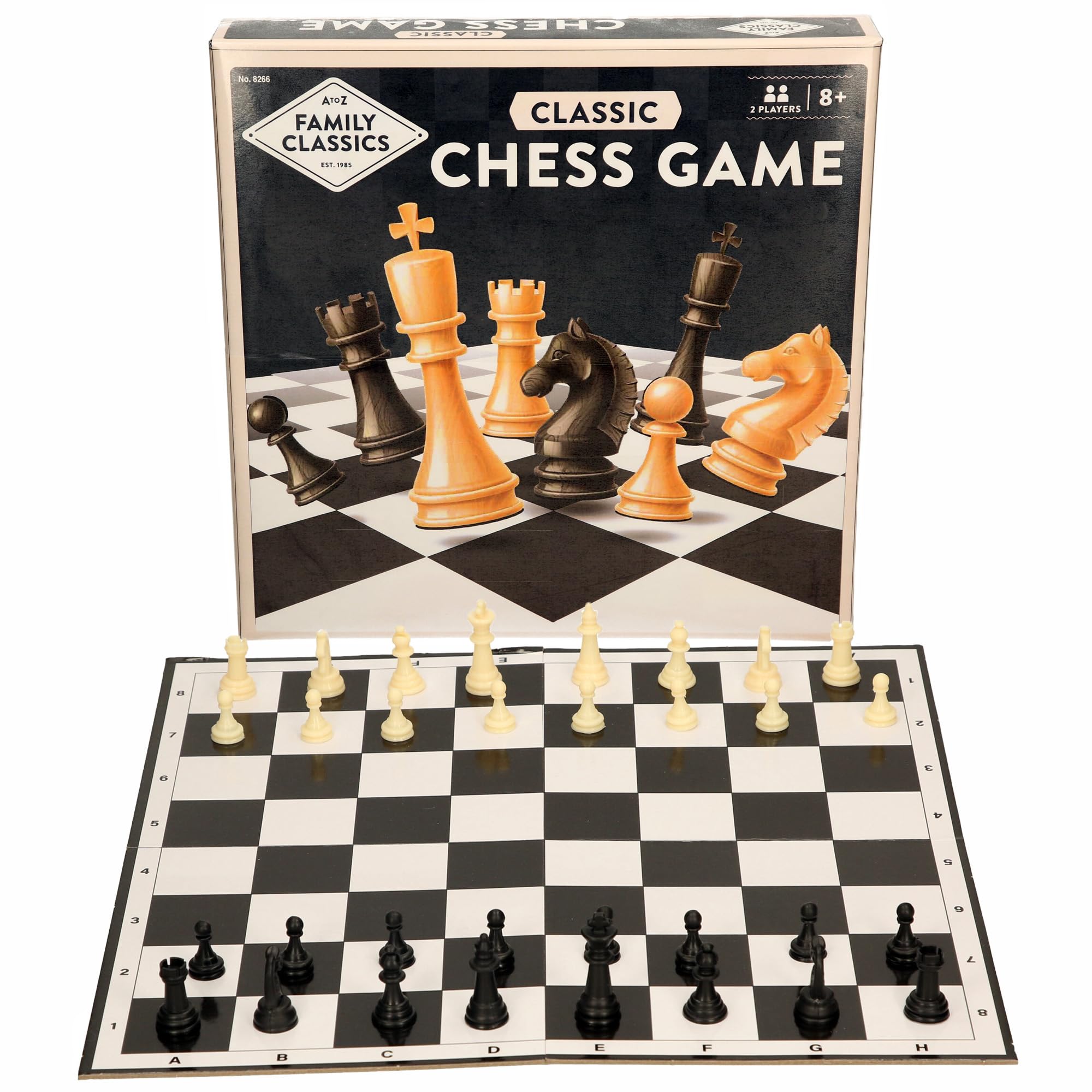 A to Z Family Classics Traditional Chess Game Set, 2 Players, Ages 8+, Black and White Board with Pieces