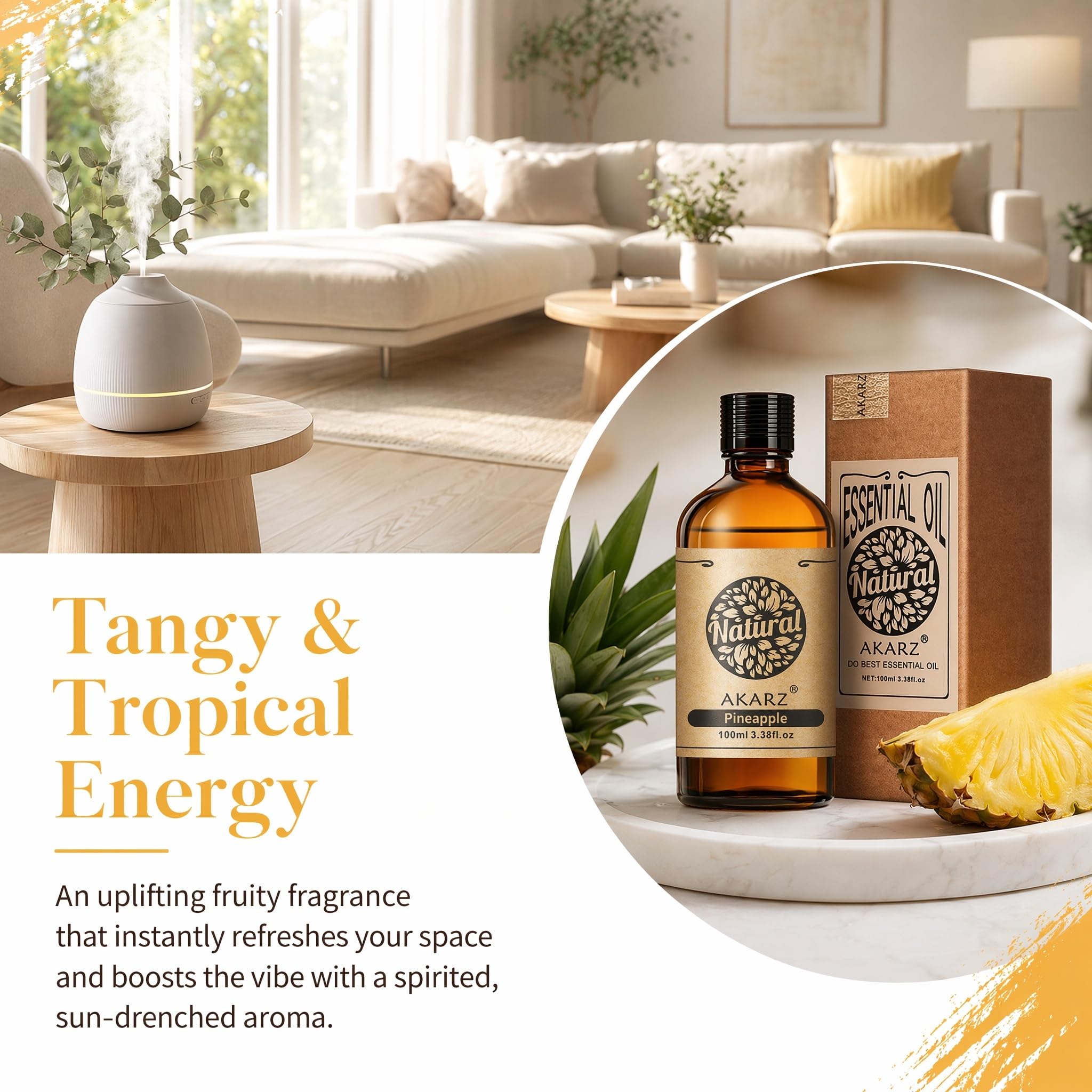 AKARZ 100ml Olejek esencjny z Ananasa - Naturalny olejek aromatyczny do dyfuzorów, lamp aromatycznych i aromatów pomieszczeń