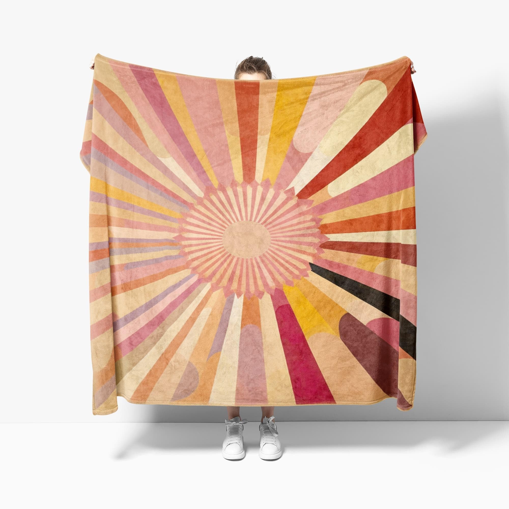 Lekki antystatyczny koc wełniany XXL 180 x 220 cm abstrakcyjne linie słońce super miękki flanelowy koc jasny kolor na łóżko sofa biuro ochraniacz na kolana łóżko samochód kemping plaża