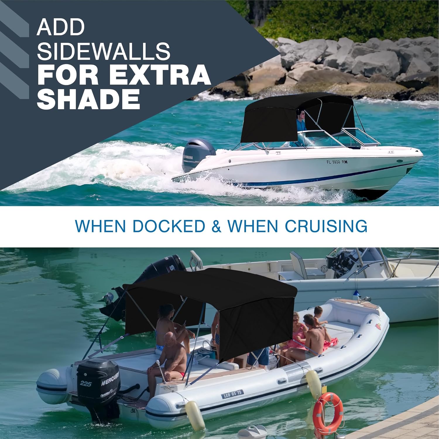 3 Bow Bimini Top Sidewalls for KNOX Bimini Tops for Boats, 900D Solid Canvas Side Blocks with Adjustable Straps, Stainless Steel Mounting Hardware, 60" L x 26" H, Black