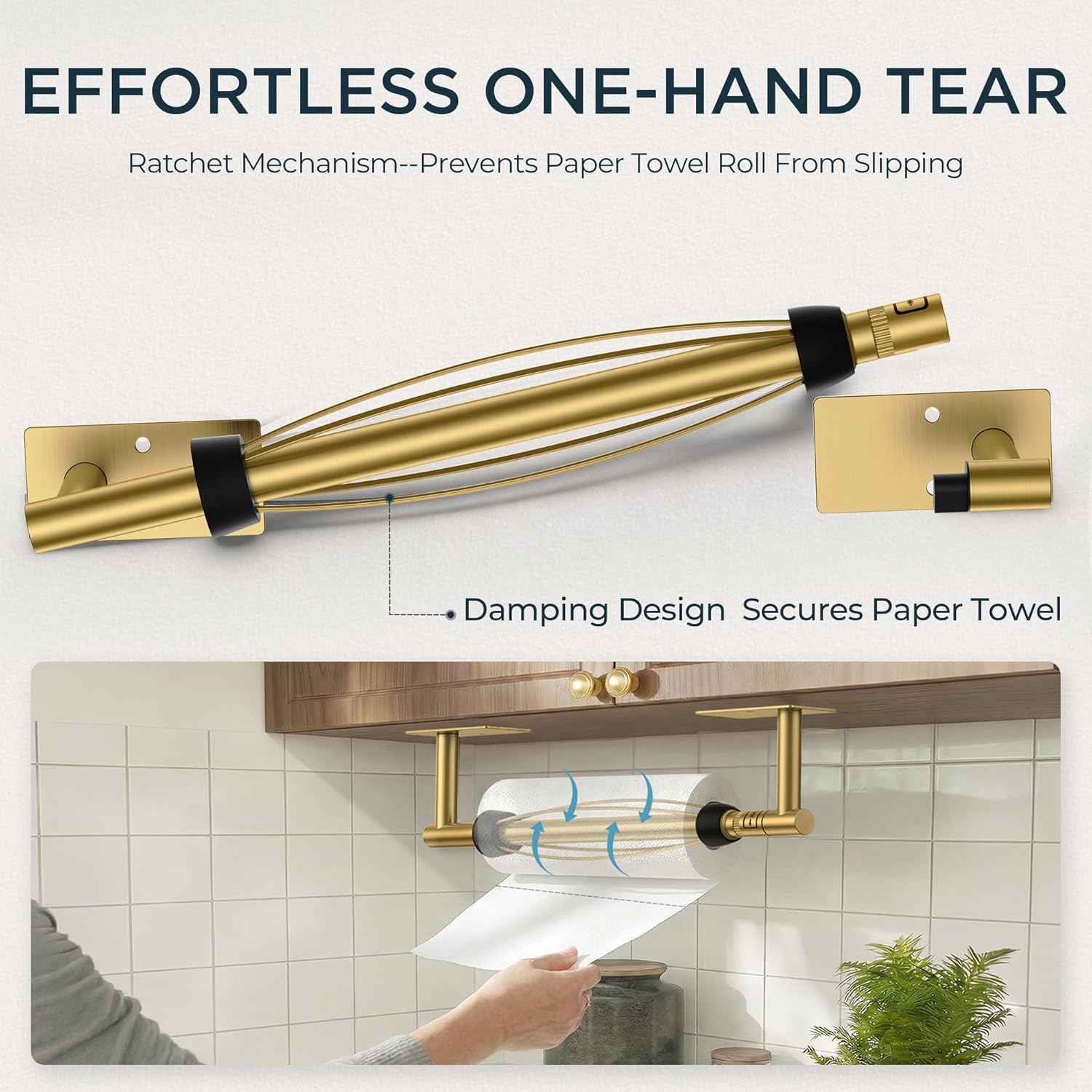 FORIOUS Paper Towel Holder Under Cabinet, Single Hand Operable with Adjustable Damping for Easy Tear, Adhesive or Drill Wall Mount, 304 Commercial Paper Towel Holder for Kitchen Bathroom, Brushed Gold