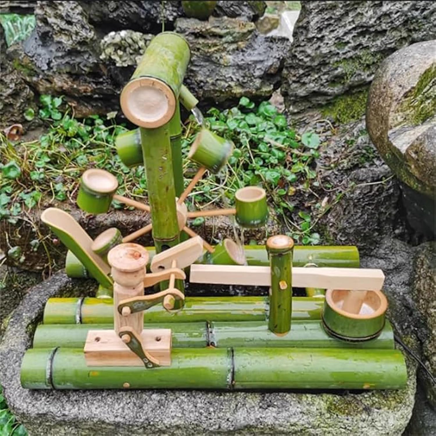 Bamboo Fountain Kit, Solar Powered Zen Water Feature with Water Wheel, Landscape Fountain, Decorative Garden Ornament for Patio, Yard, Stone Trough, Pond,24in,24in(60cm)