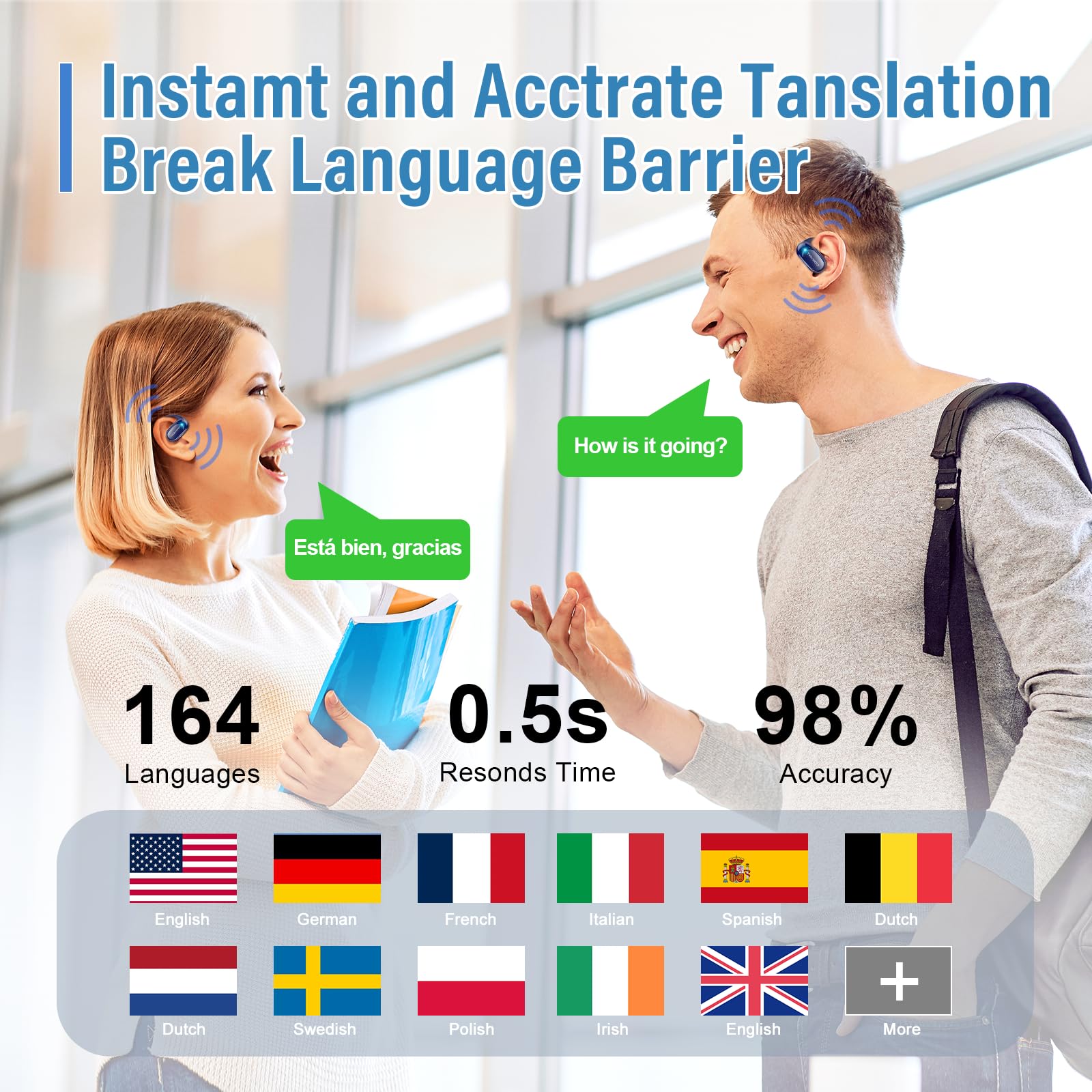 Casque de traduction Conyat 164 langues AI temps réel Bleu
