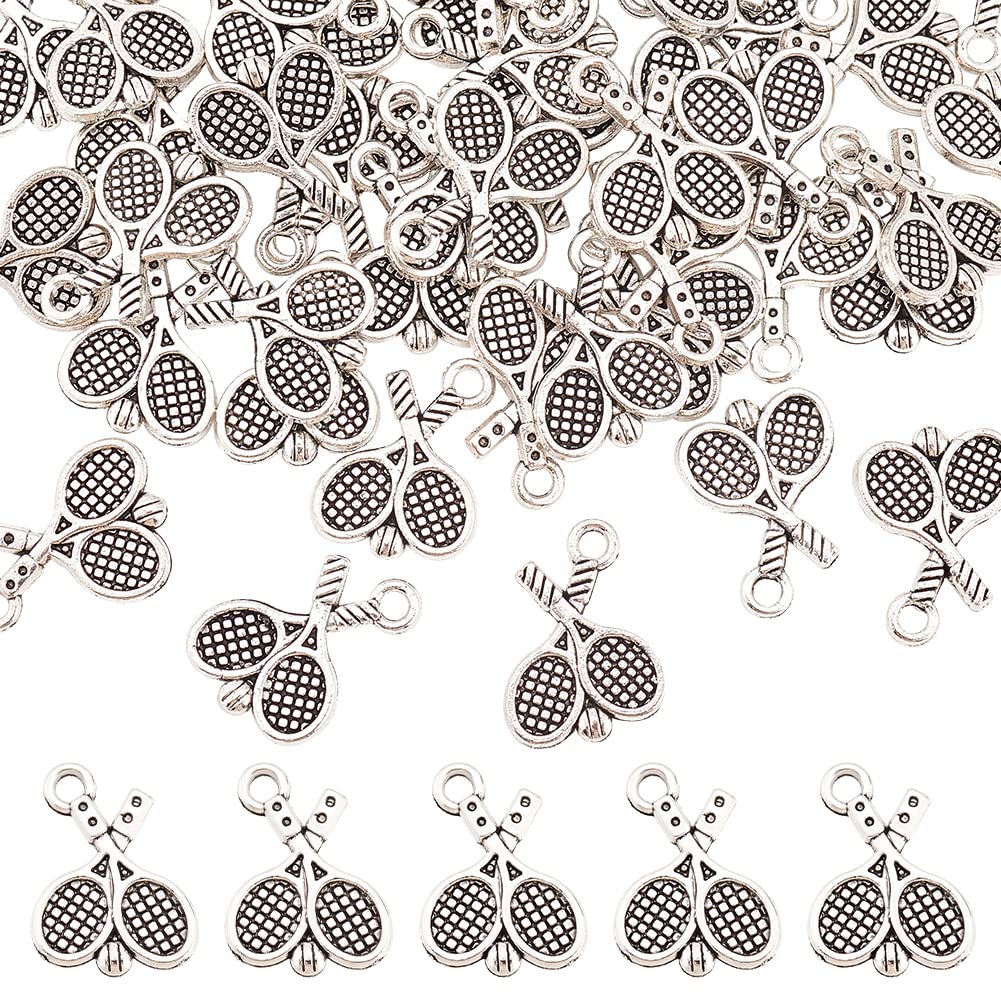 DICOSMETIC50Pcs Tibetan Style Charms Antique Silver Tennis Racket and Brain Charms Textured Alloy Dangle Charm Supplies for Jewelry Making