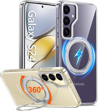 Oneagle 360 Spin Magnetic Stand for Samsung Galaxy S24 Case Clear [Fit for Magsafe],[30X Anti-Yellow] Galaxy S24 Phone Case 6.2" with [Rotatable Kickstand Ring][15FT Mil-Grade Protection] Hard Back