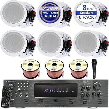 Vaiyer in Ceiling Speakers Kit 6X 8 300W Flush Mount Speakers, 6000W Bluetooth Amplifier, Mic & 300ft Wire Home Theater Ceiling Speaker System for Home, Office, Bar & Restaurant