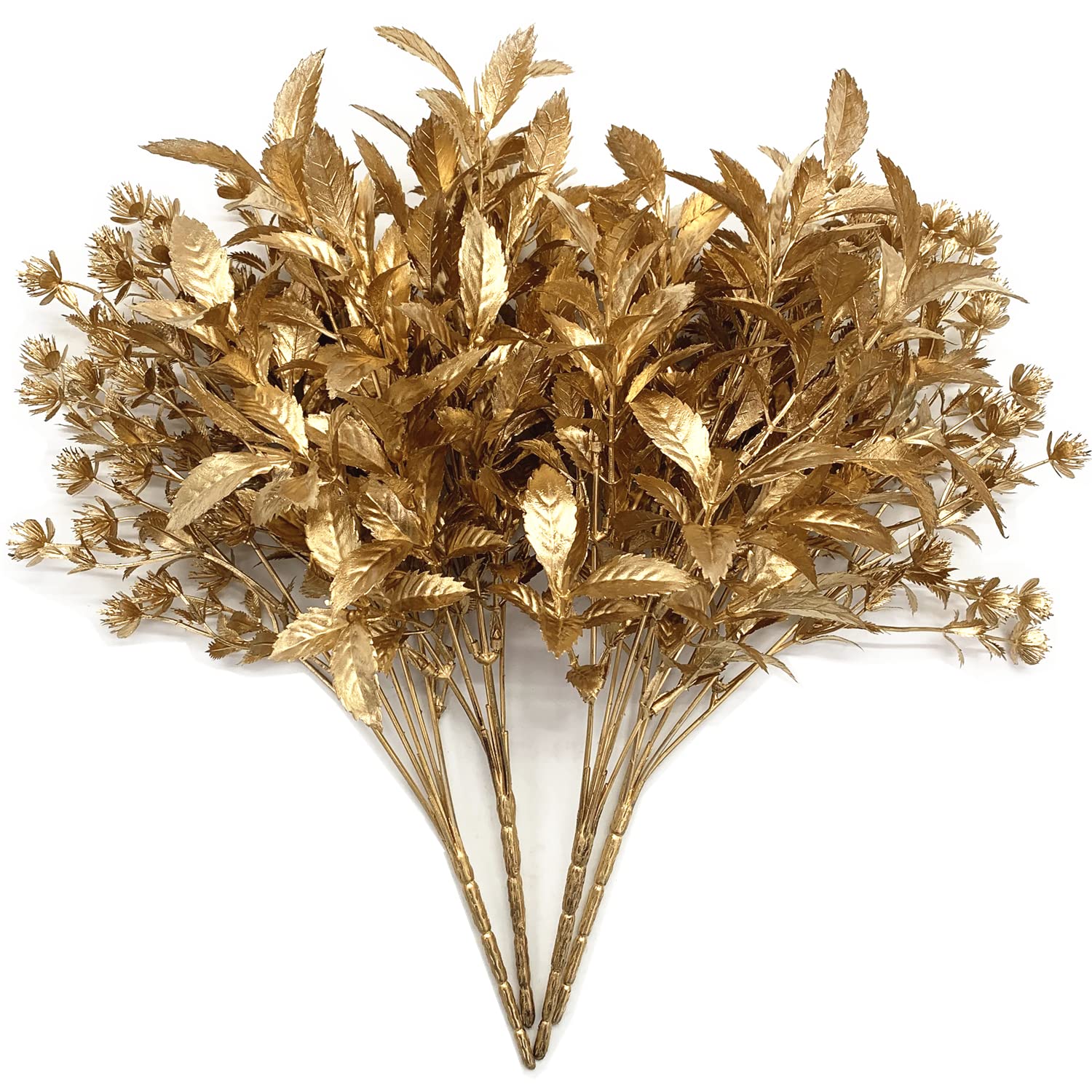 CATTREE Artificial Gold Plants for Christmas, Golden Leaves Plastic Faux Gypsophila Fake Simulation Baby Breath Flowers for Home Indoor Outdoor Wedding Decoration Hall Table Planter Filler 4 Pack