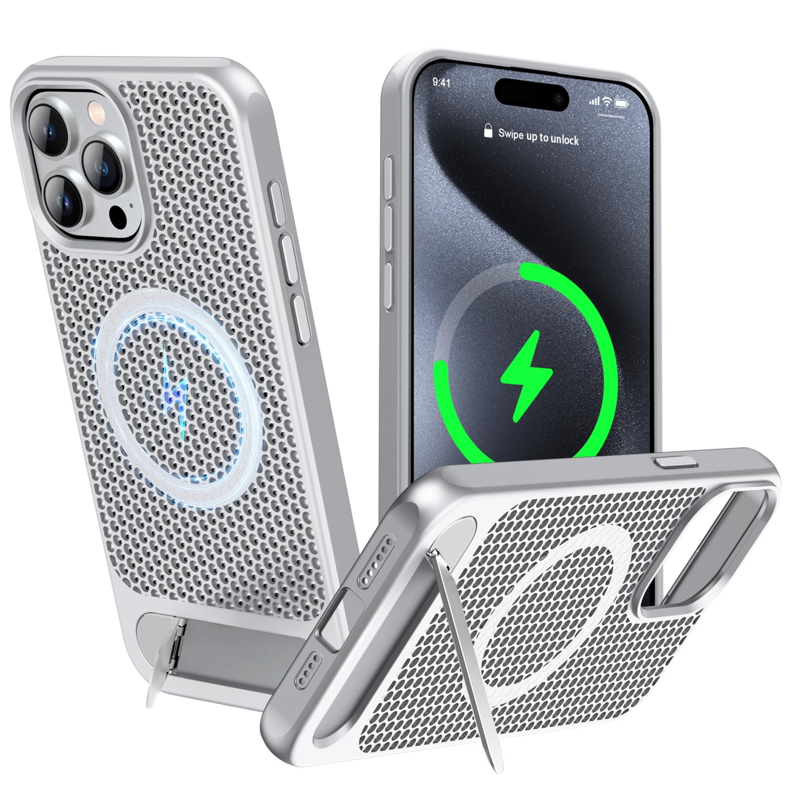 ZHOGTNEG for Magnetic Heat Dissipatio case for iPhone 15 Pro Max, for MagSafe, Cooling Drop Protection, Adjustable Kickstand case, Ice Armour Cool