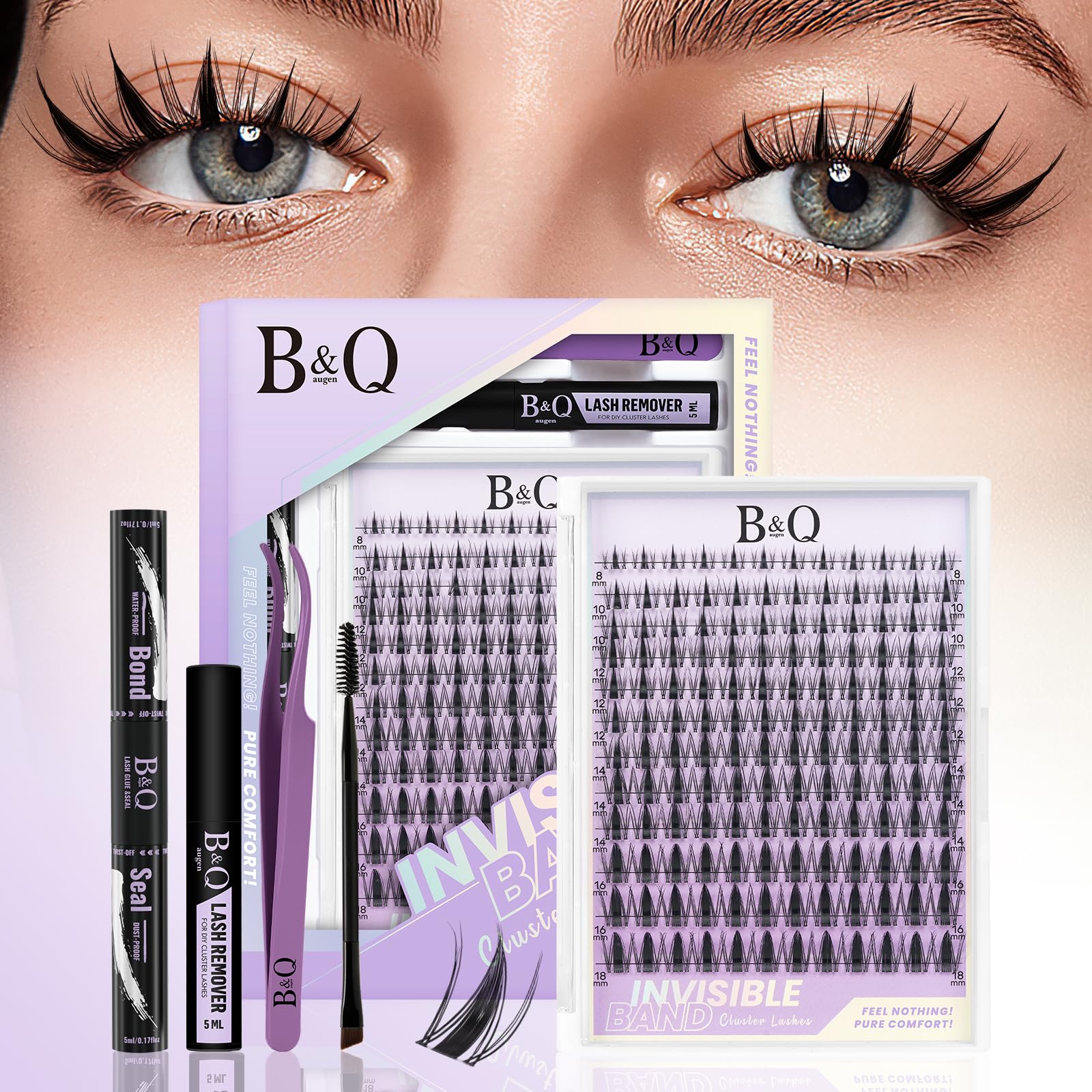 B&Quagen Fairy Lash Clusters Kit Natural Manga Lashes Cluster Invisible Band Eyelashes Individual Kit 144pcs Wispy Cluster Lashes with Lash Bond and Seal (Fairy Kit-8-18mm)