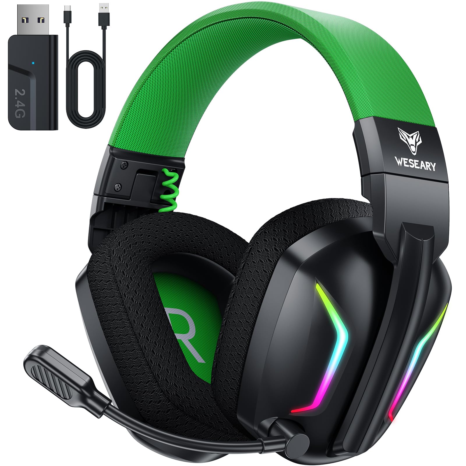 WESEARY WG1 Cuffie Gaming Wireless, 2,4 GHz Cuffie Gaming con Microfono per PS5, PS4, PC, Switch, Mac, Mobile, Cuffie per PS5 con Stereo, Cuffie Bluetooth Over Ear con Luce LED, Batteria da 50 Ore