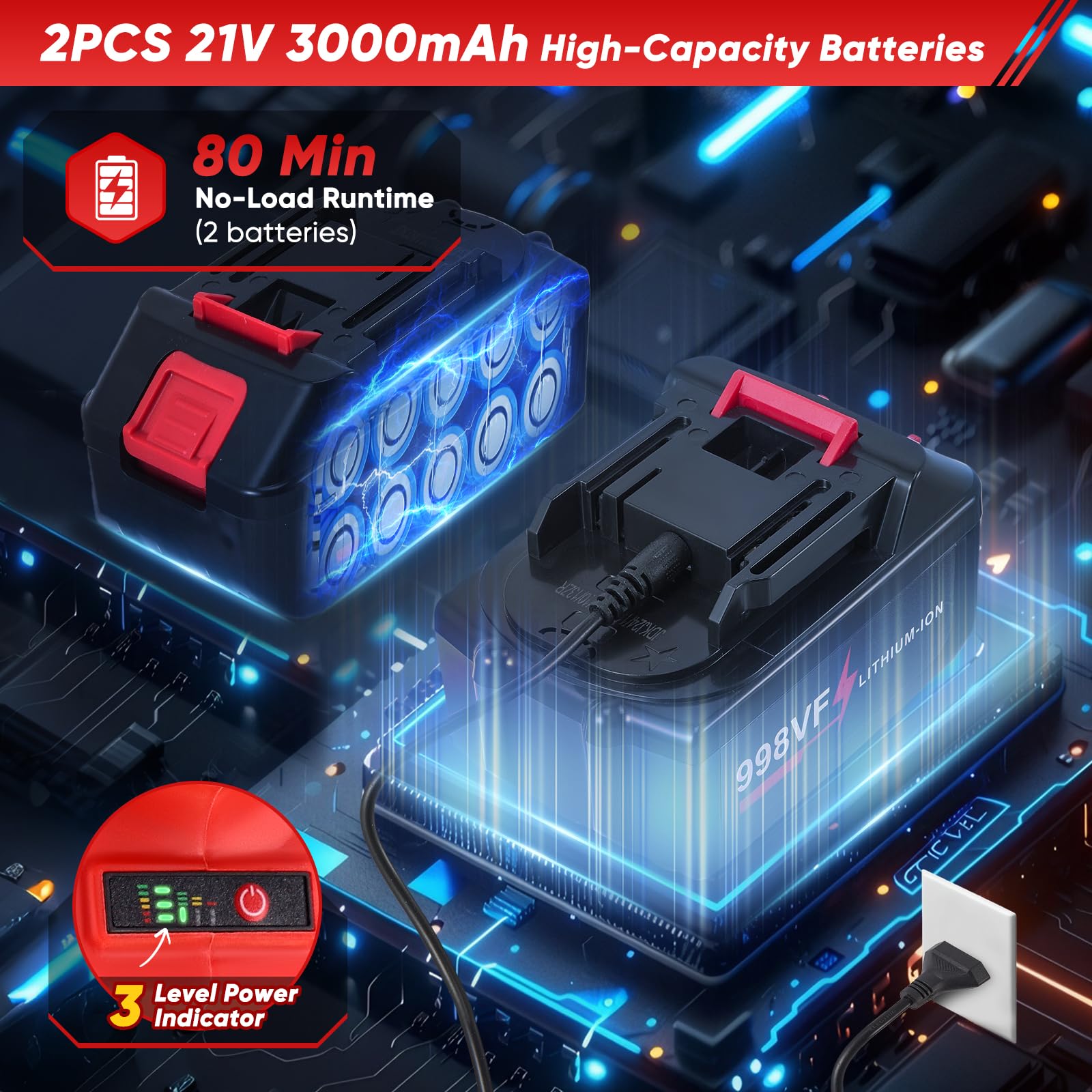 Smerigliatrice angolare a batteria brushless 21V, velocità fino a 13500 giri/min Inclusi dischi da taglio, dischi da sbavo e dischi per lucidatura Dotata di due batterie da 21V 3,0Ah Diametro 125 mm