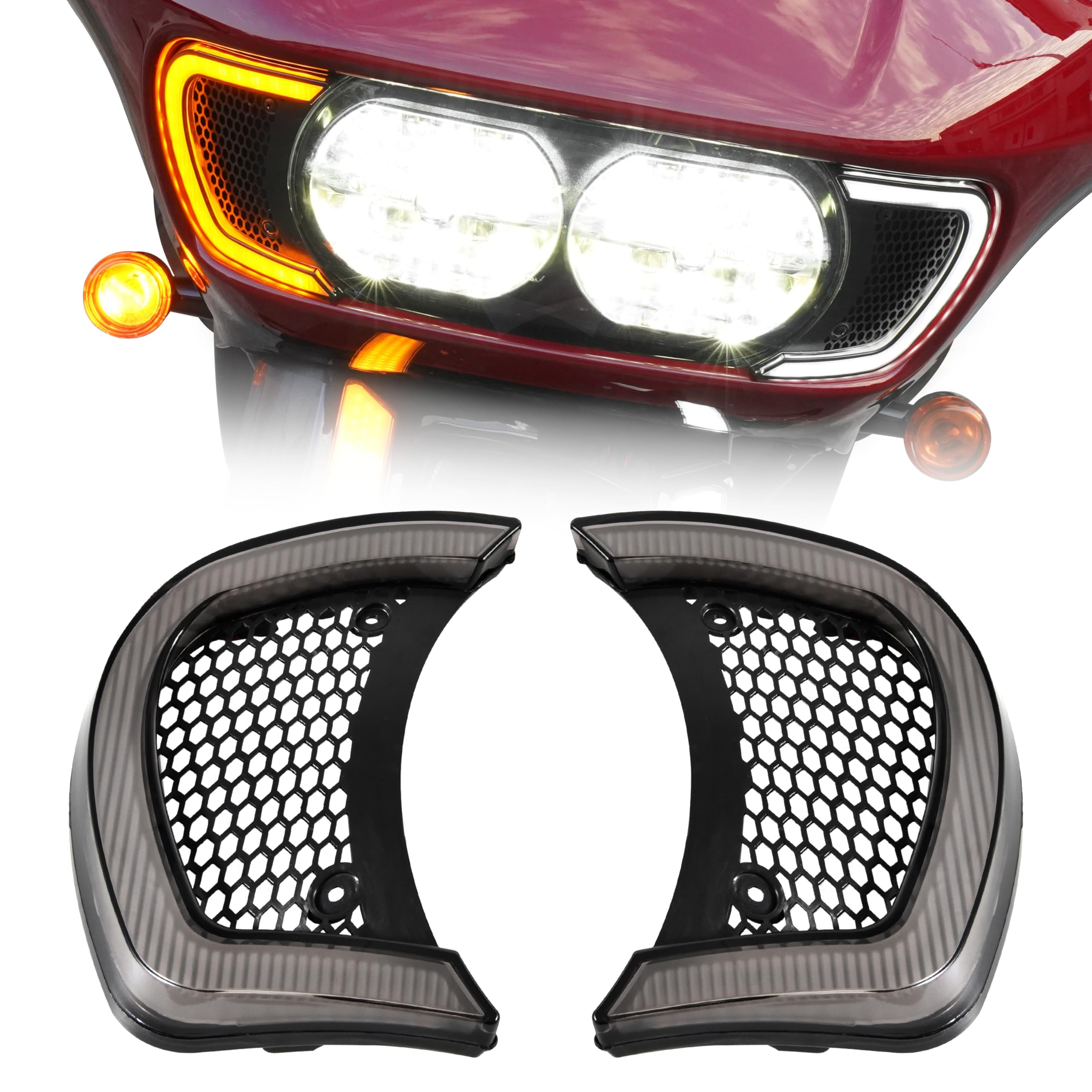 Phare Moto LED Avec Clignotants Intégrés Pour Harley Road Glide 2015-2023 – Lentille Fumé – Double Fonction Blanc/Ambre
