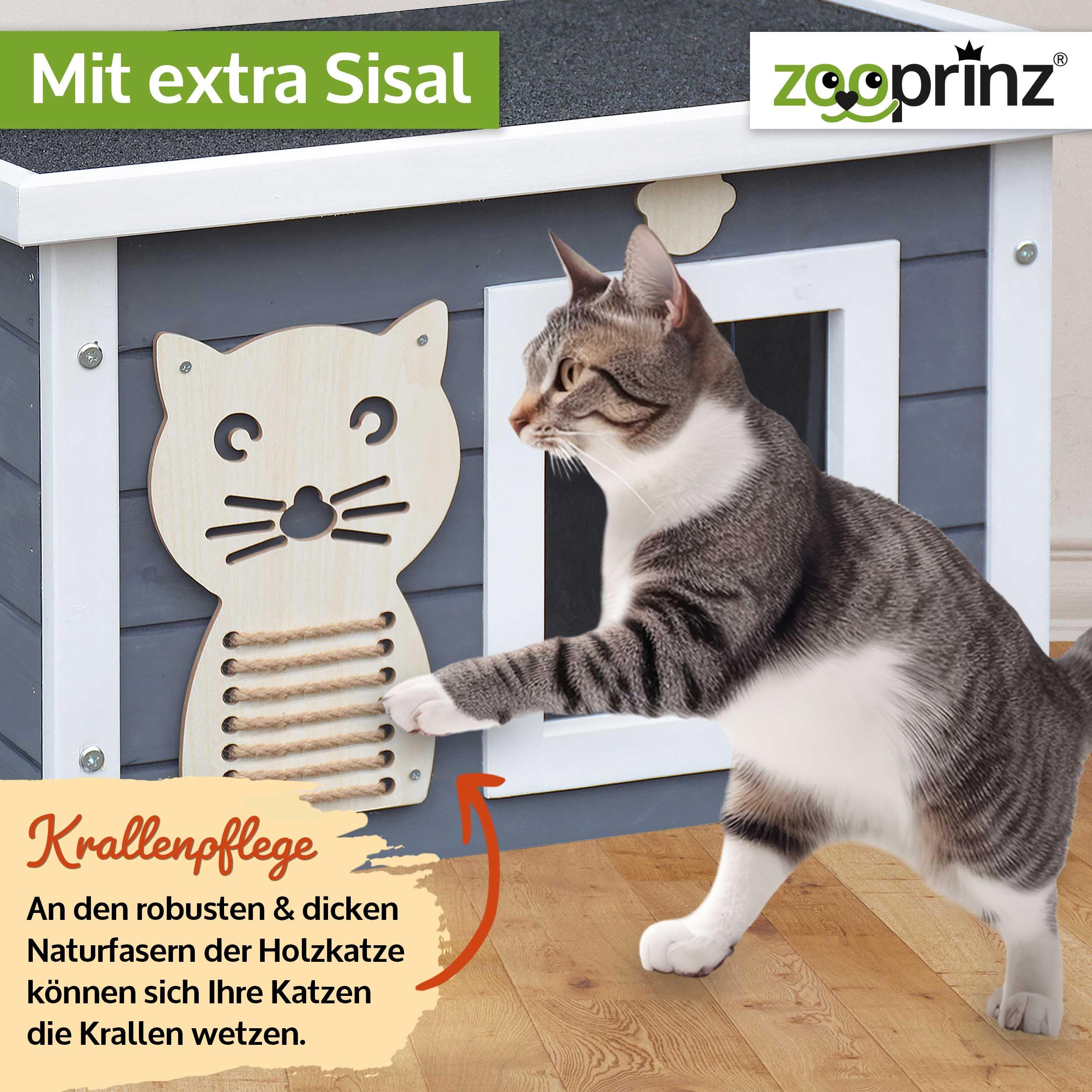 zooprinz Holz Katzenhaus – Katzenkiste mit Schwingtür, Grau-Weiß | Katzenbox mit Dach zum Öffnen, Fenster, Sisalband und Schwingtür – wetterfeste Hütte für Garten, Balkon, innen & draußen