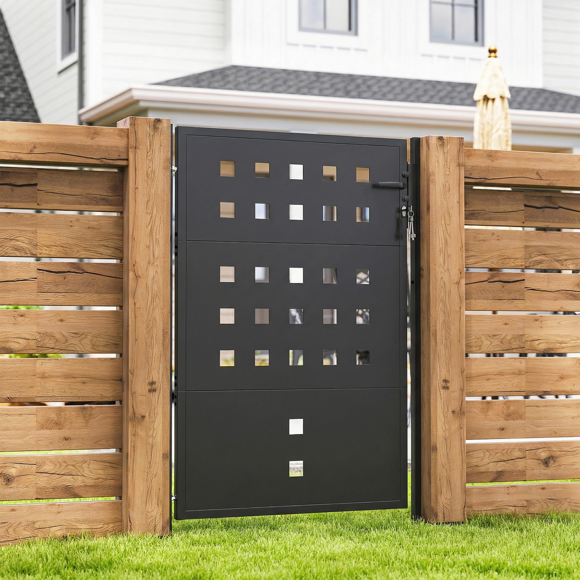 Outsunny Cancello da giardino in acciaio zincato, porta da giardino con maniglia, serratura a 3 chiavi con serratura, 105 x 130 cm, cancello da giardino per recinzione, grigio scuro
