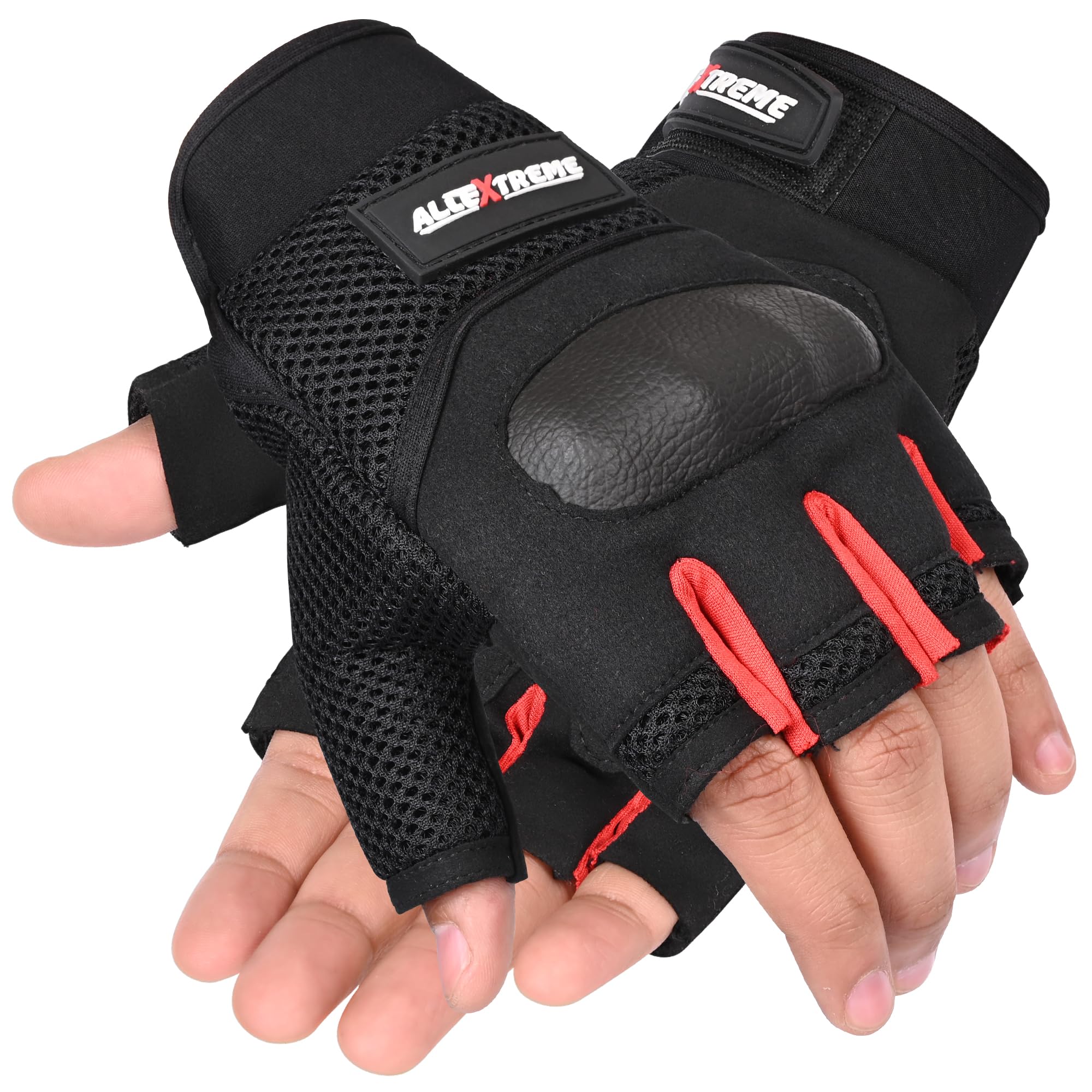 Allextreme Half Finger Bike Riding Gloves with Strong Knuckle Protective Shells Anti-Skid Surface Breathable Mesh Glove for Motorcycle Cycling Climbing Mountaineering Hiking (XL, Black Red)-image-29