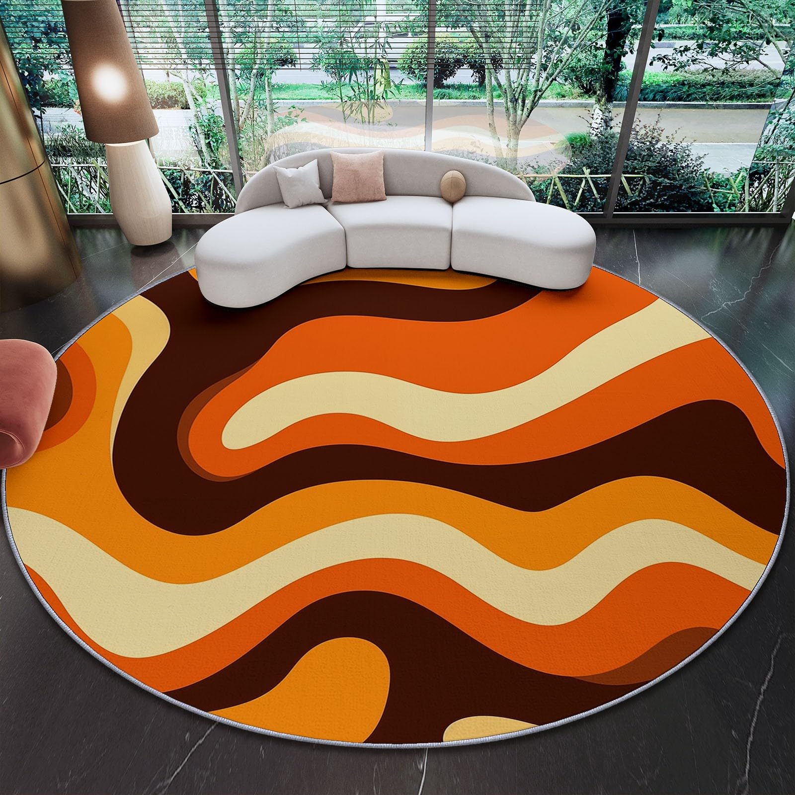 Round Rugs 60 cm (Round) For Living Room Circle Area Rugs With Retro Psychedelic Wavy Geometric With Non Slip Backing Washable Rug For Bedroom Soft Printed Carpet For KidS Orange Color