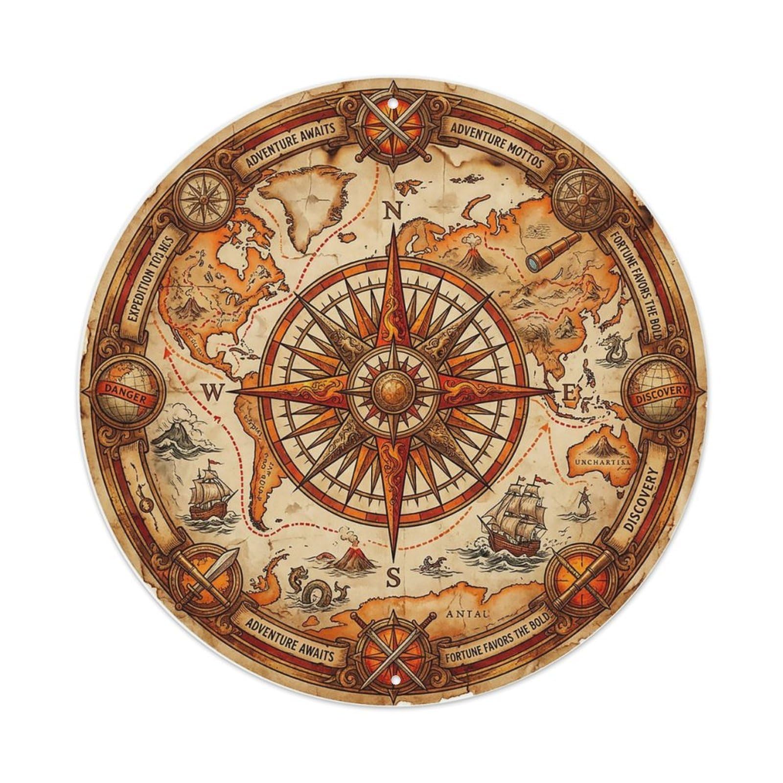 Vintage Nautical Compass World Map Daring Expedition Metal Tin Sign