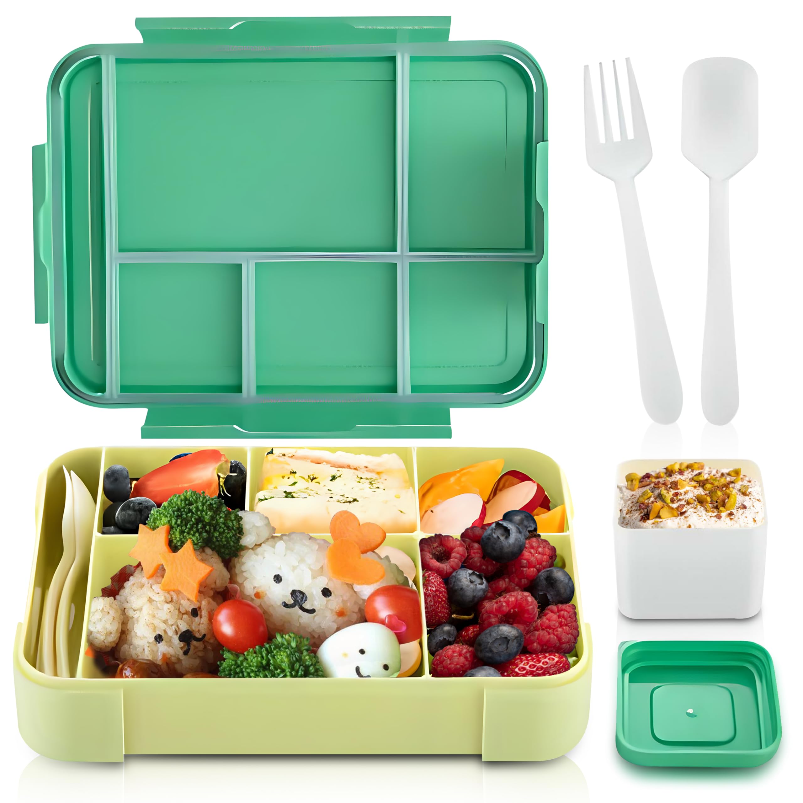 Lunch Box Kids Bento Box - Leakproof 6 Compartments Kids and teenagers. Lunchbox Toddler Bento Box 1350ml with Fork and Spoon for Back to School - Reusable Lunch Snack Containers for Daycar (Green)