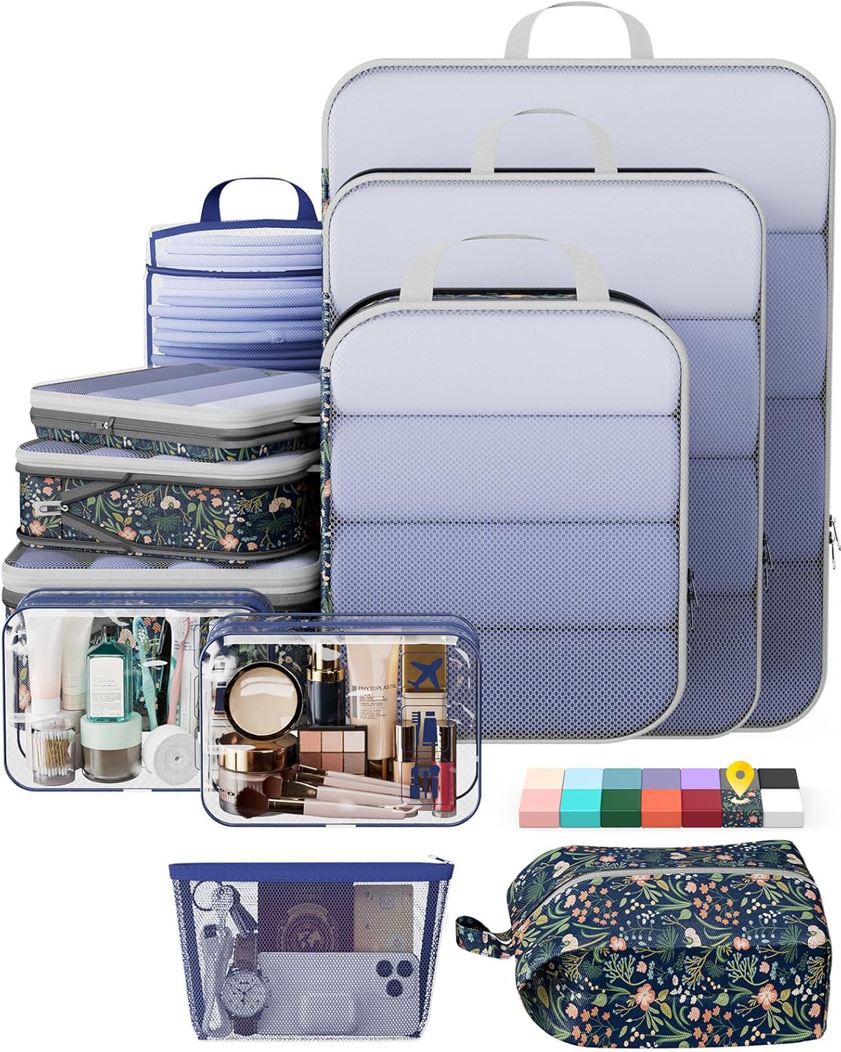 Veken 11 Set Compression Packing Cubes for Travel Essentials,Compressible Expandable Luggage Suitcase Organizer Bags for Clothing,Space Saver Bags with Over 1000 pcs of Mesh Holes(Dark Blue Floral)