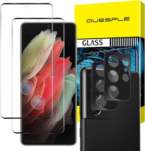 QUESPLE [2+2 Pack] Screen Protector for Samsung Galaxy S21 Ultra 6.8, 2 Pack Tempered Glass Film + 2 Pack Camera Lens Protector, HD Fingerprint unlock/Full Coverage/Anti-Scratch/Case Friendly