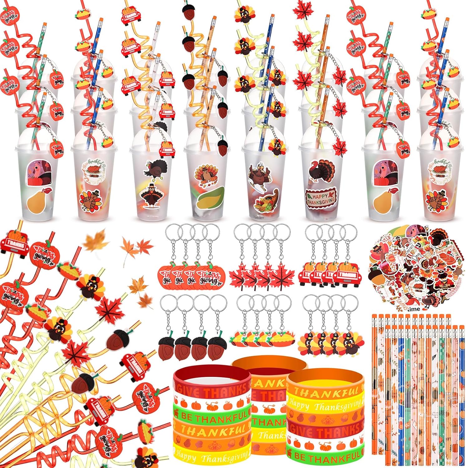 194 pcs thanksgiving party favor friendsgiving fall autumn stationery pumpkin maple turkey keychain pencil bracelet sticker goodie bag filler exchange students classrooms gift(mixed style)